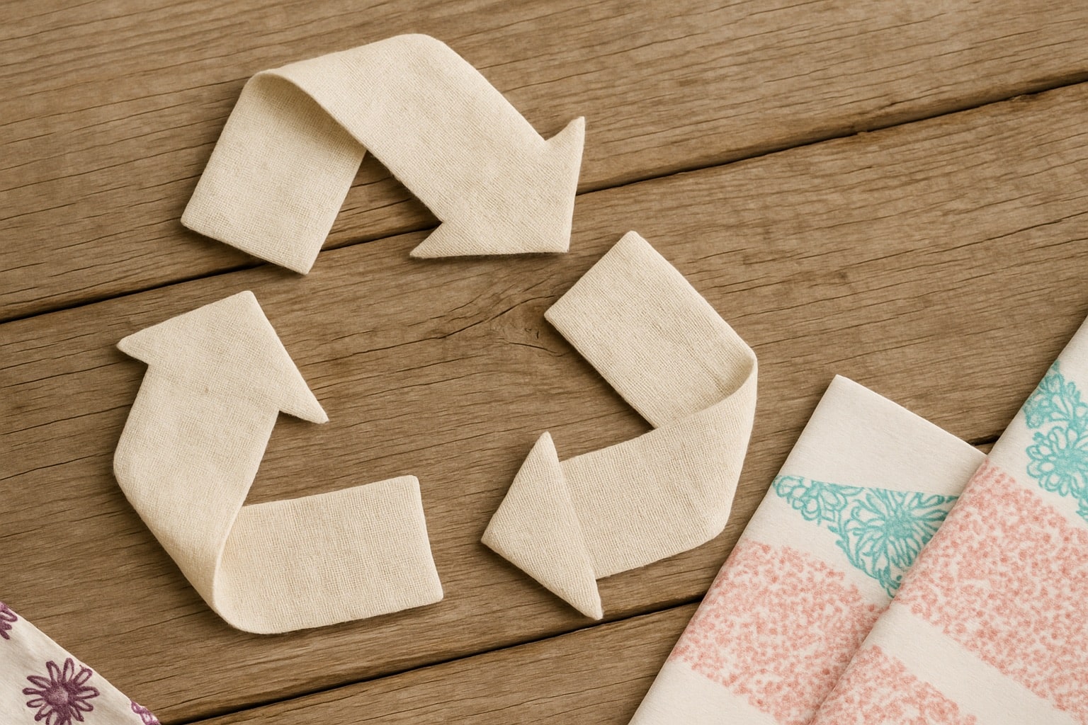 Recycling symbol in linen fabric on wooden table, with floral cutouts