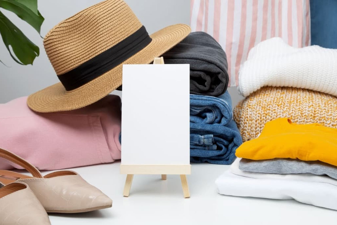 Folded clothes, straw hat, and beige shoes around a blank card on mini easel