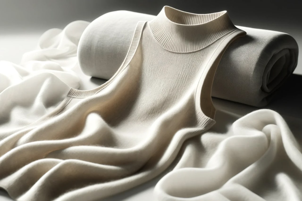 Wool and silk ivory sleeveless top on soft fabric, highlighting fine texture
