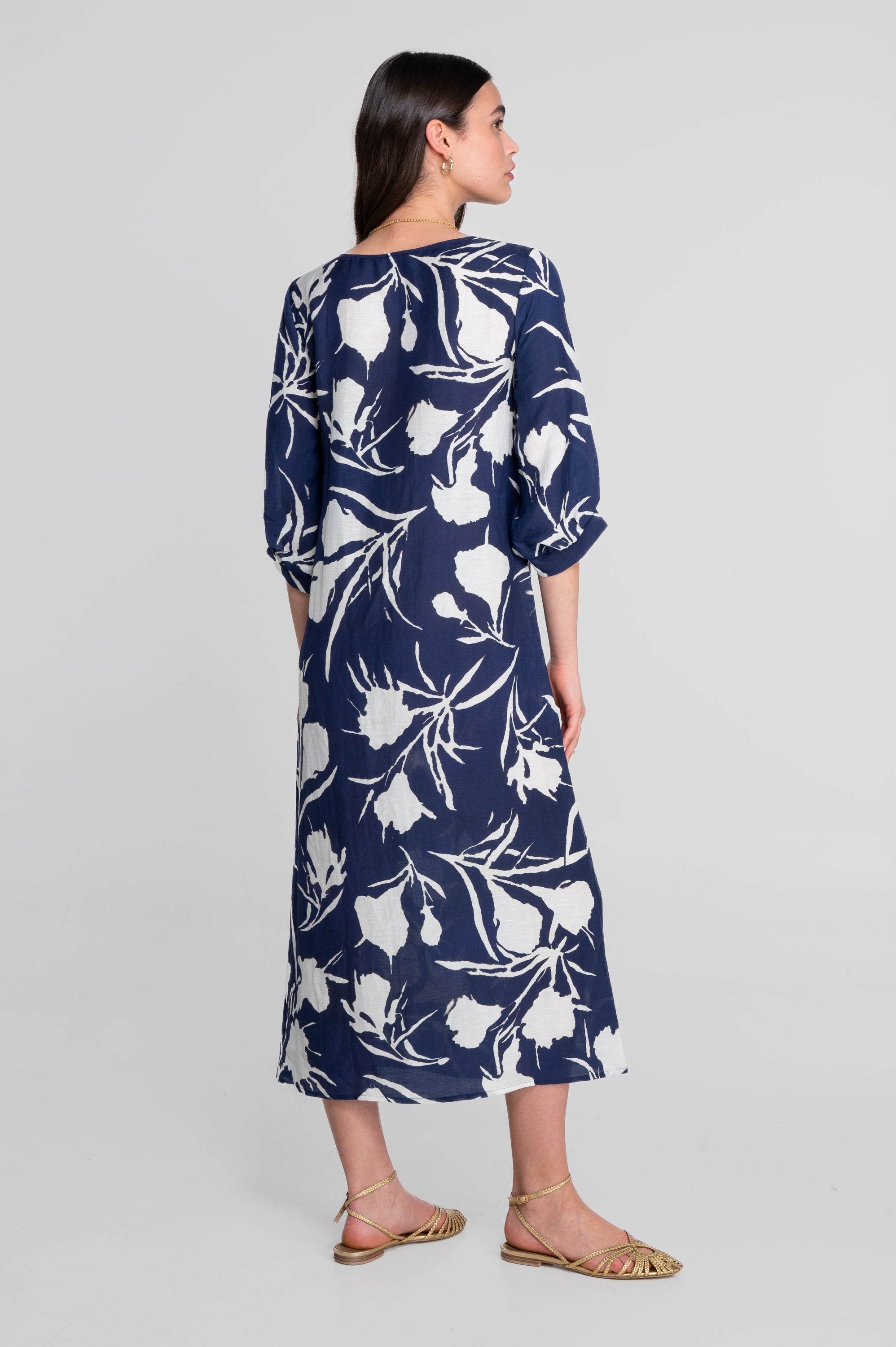 Kaftan-style printed linen-viscose dress 7555VL