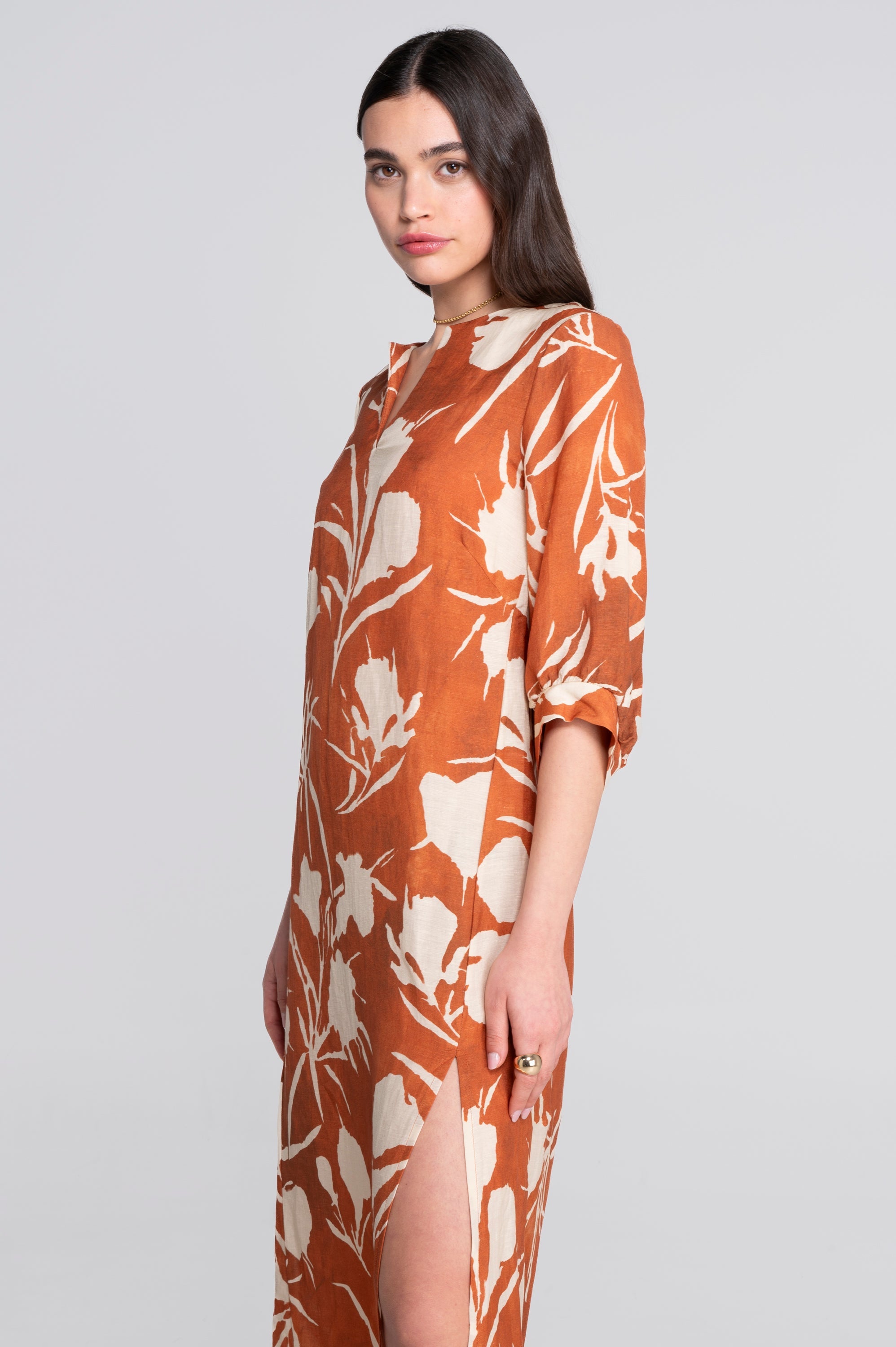 Kaftan-style printed linen-viscose dress 7555VL
