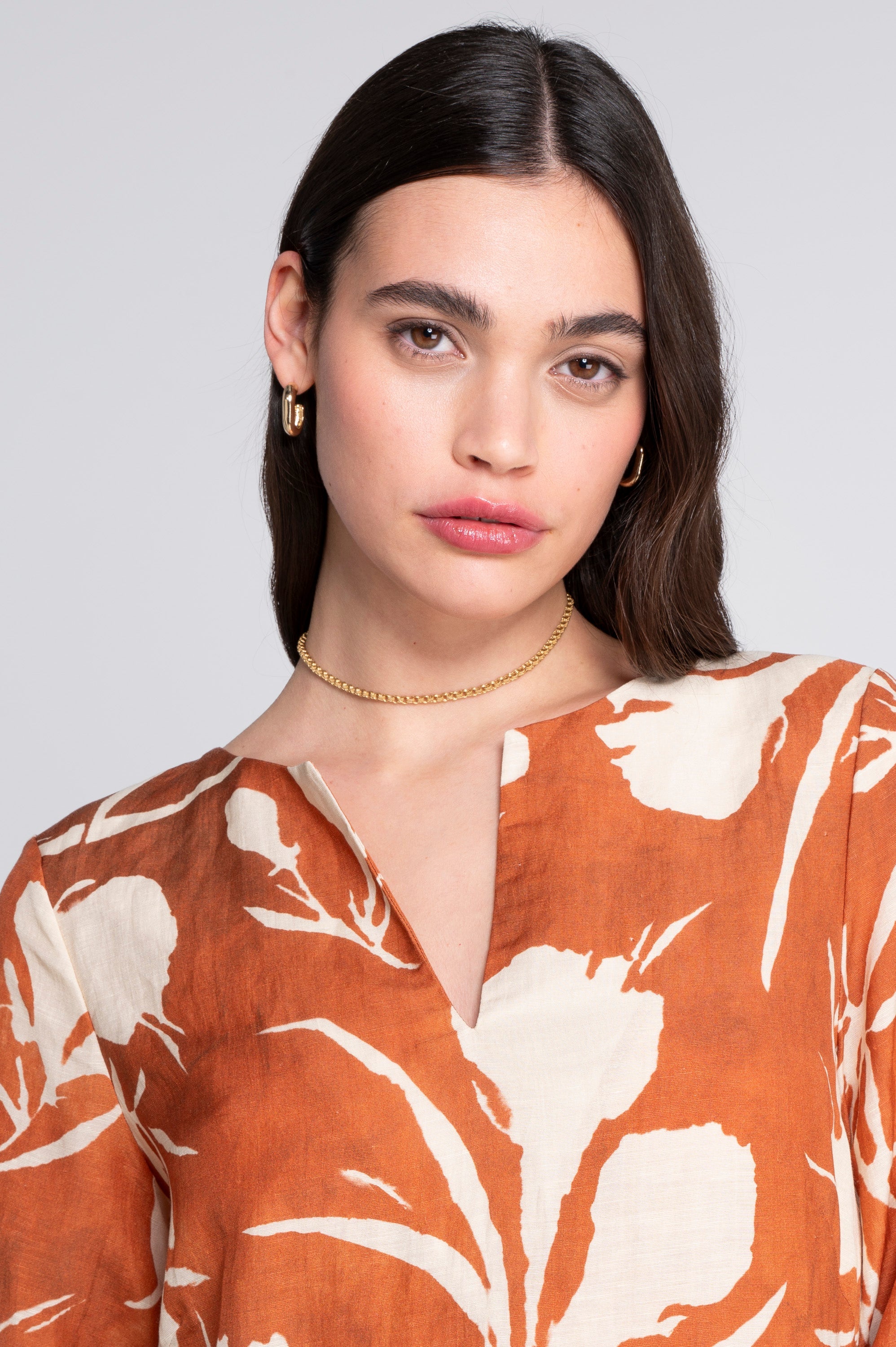 Kaftan-style printed linen-viscose dress 7555VL