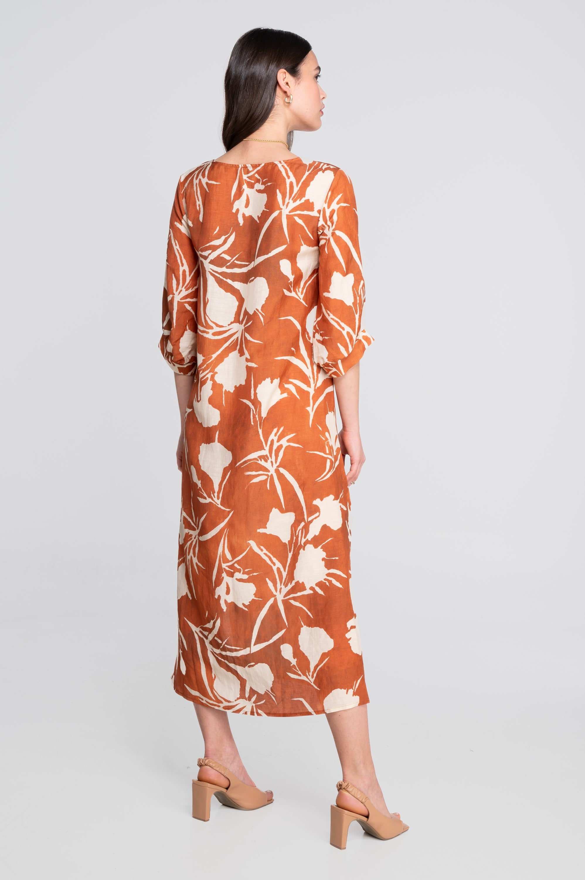 Kaftan-style printed linen-viscose dress 7555VL