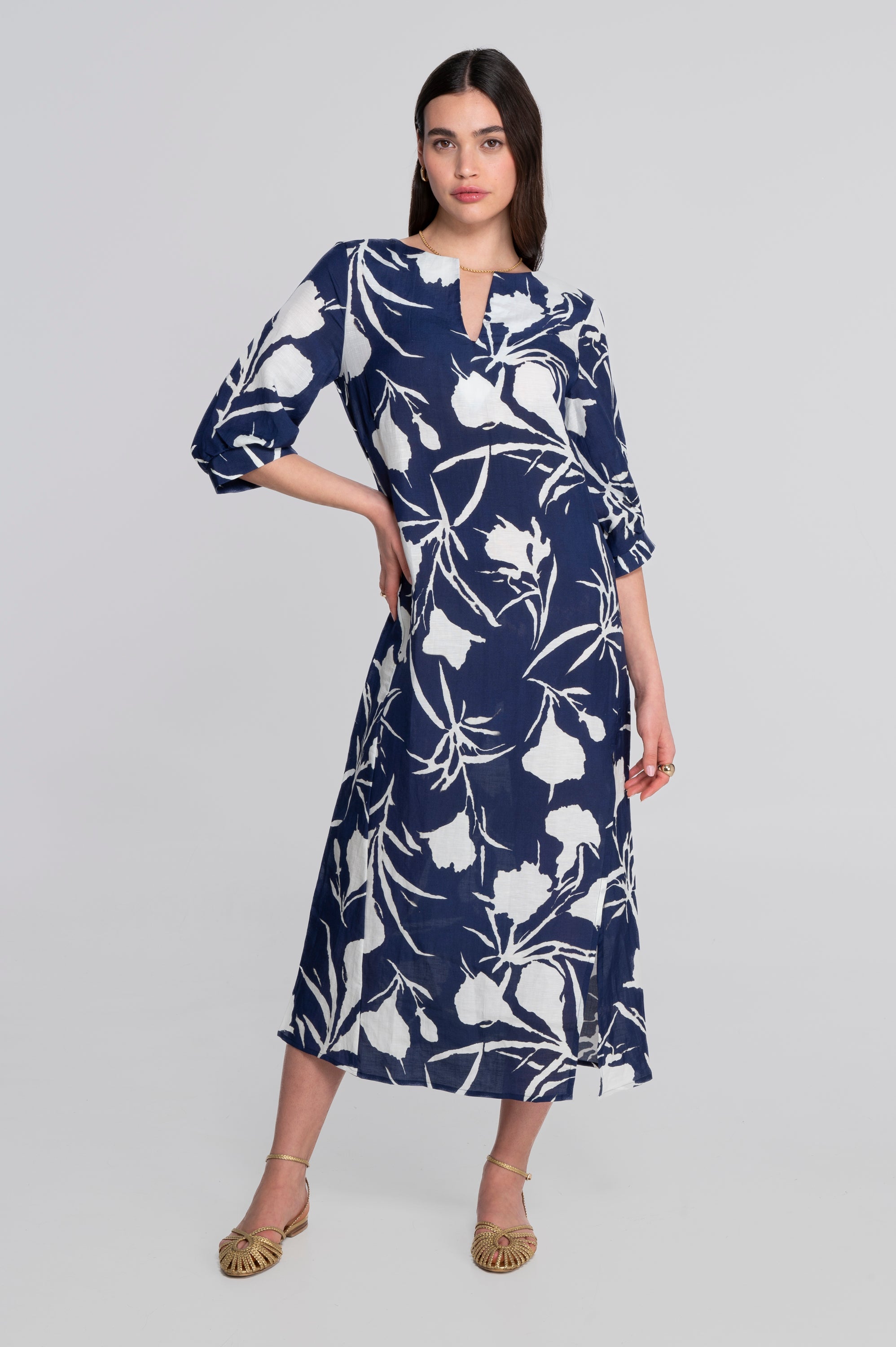 Kaftan-style printed linen-viscose dress 7555VL