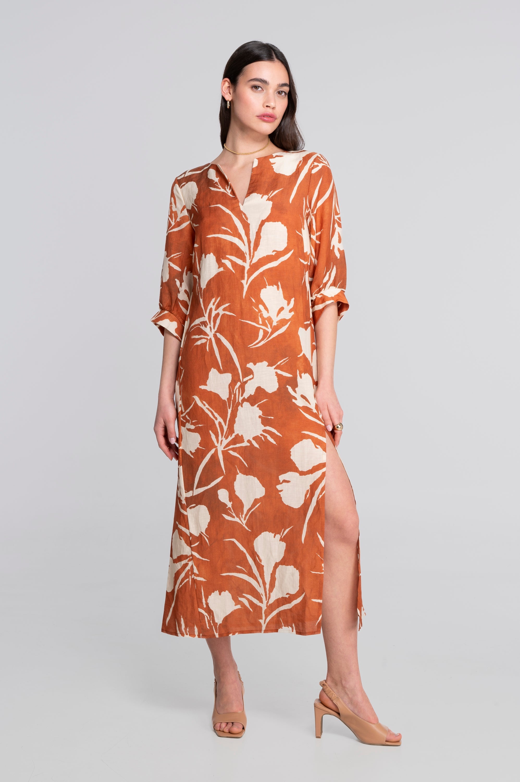 Kaftan-style printed linen-viscose dress 7555VL