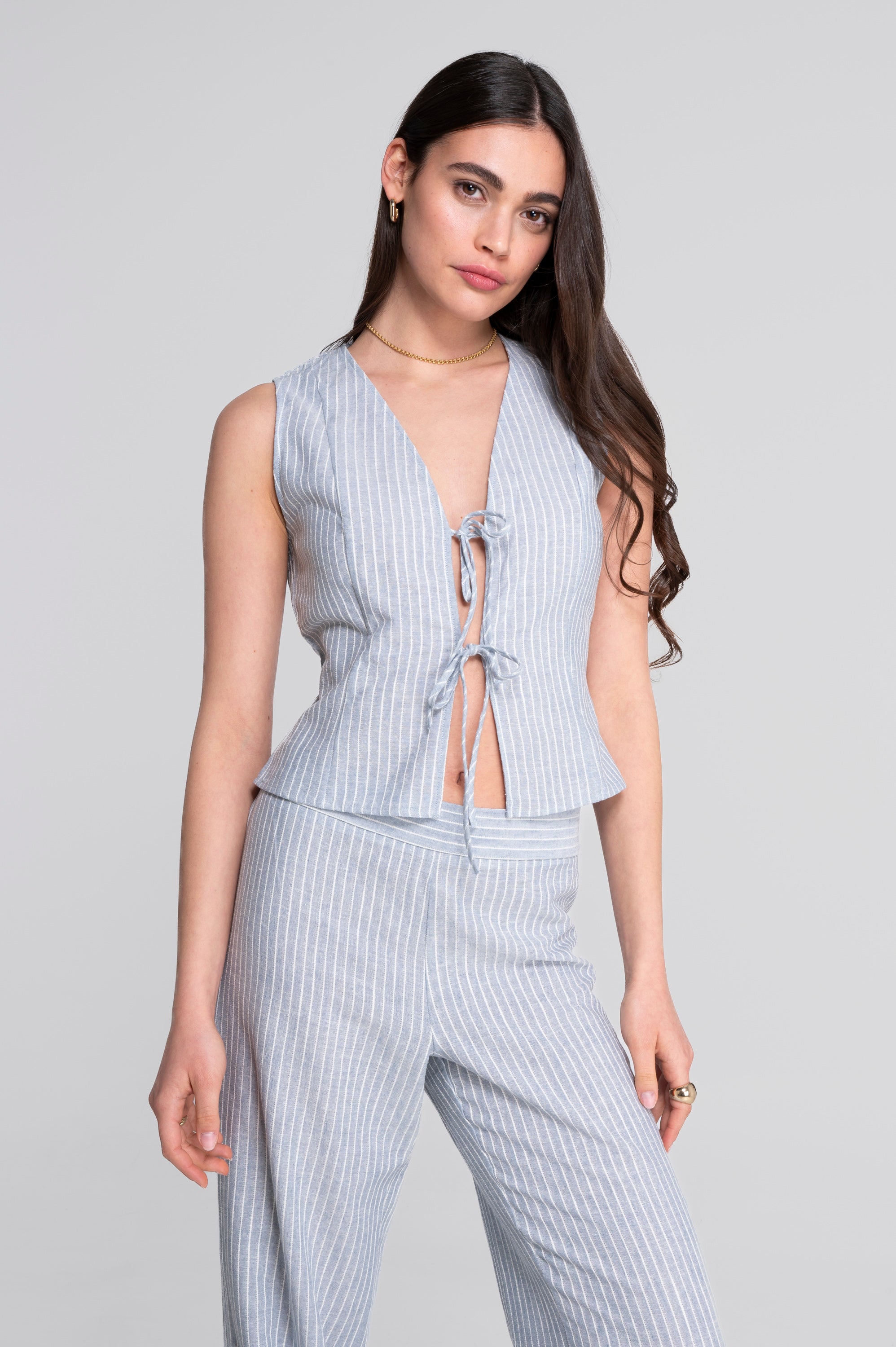Sleeveless striped cotton-linen vest 7551R