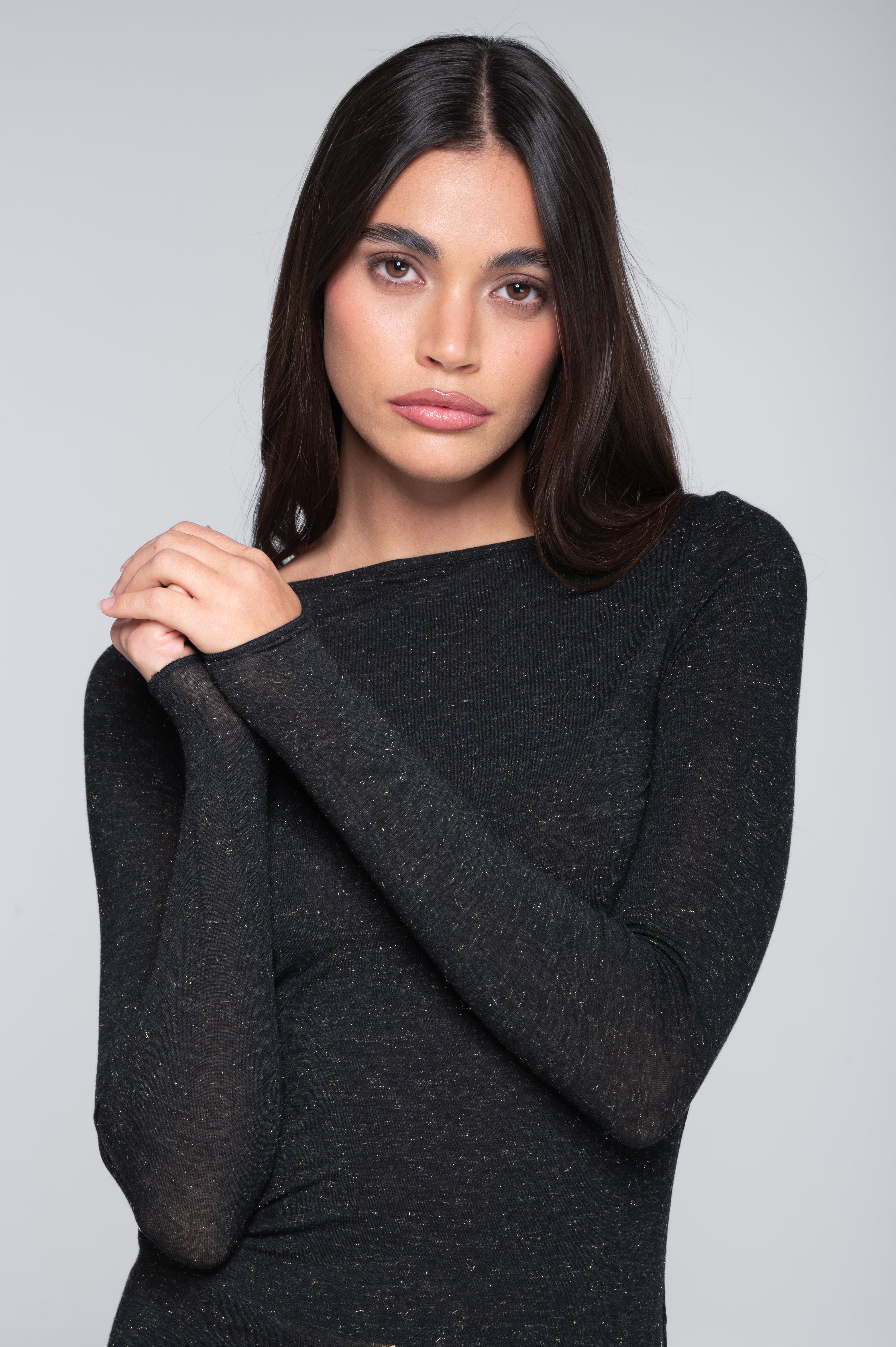 Modal cashmere long sleeves boat neck shirt 1485X