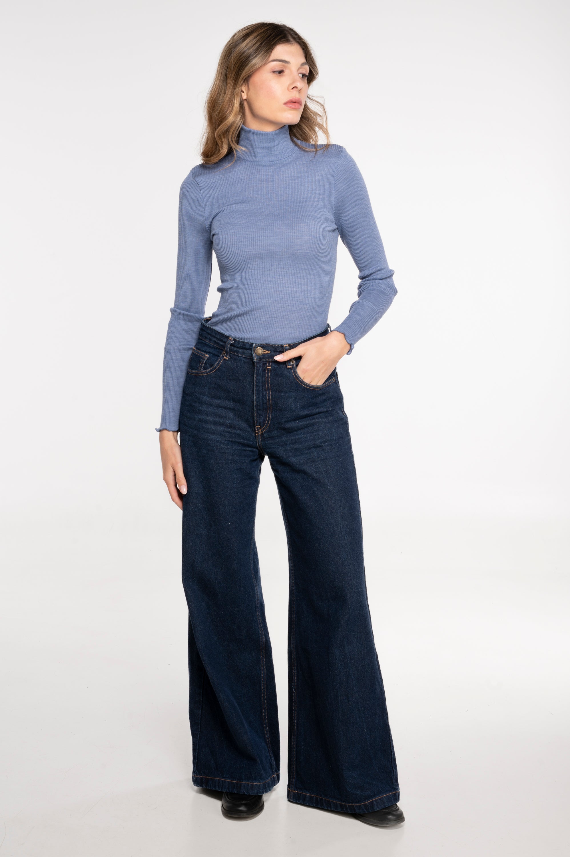 Wool and silk long sleeves mock neck shirt 3429