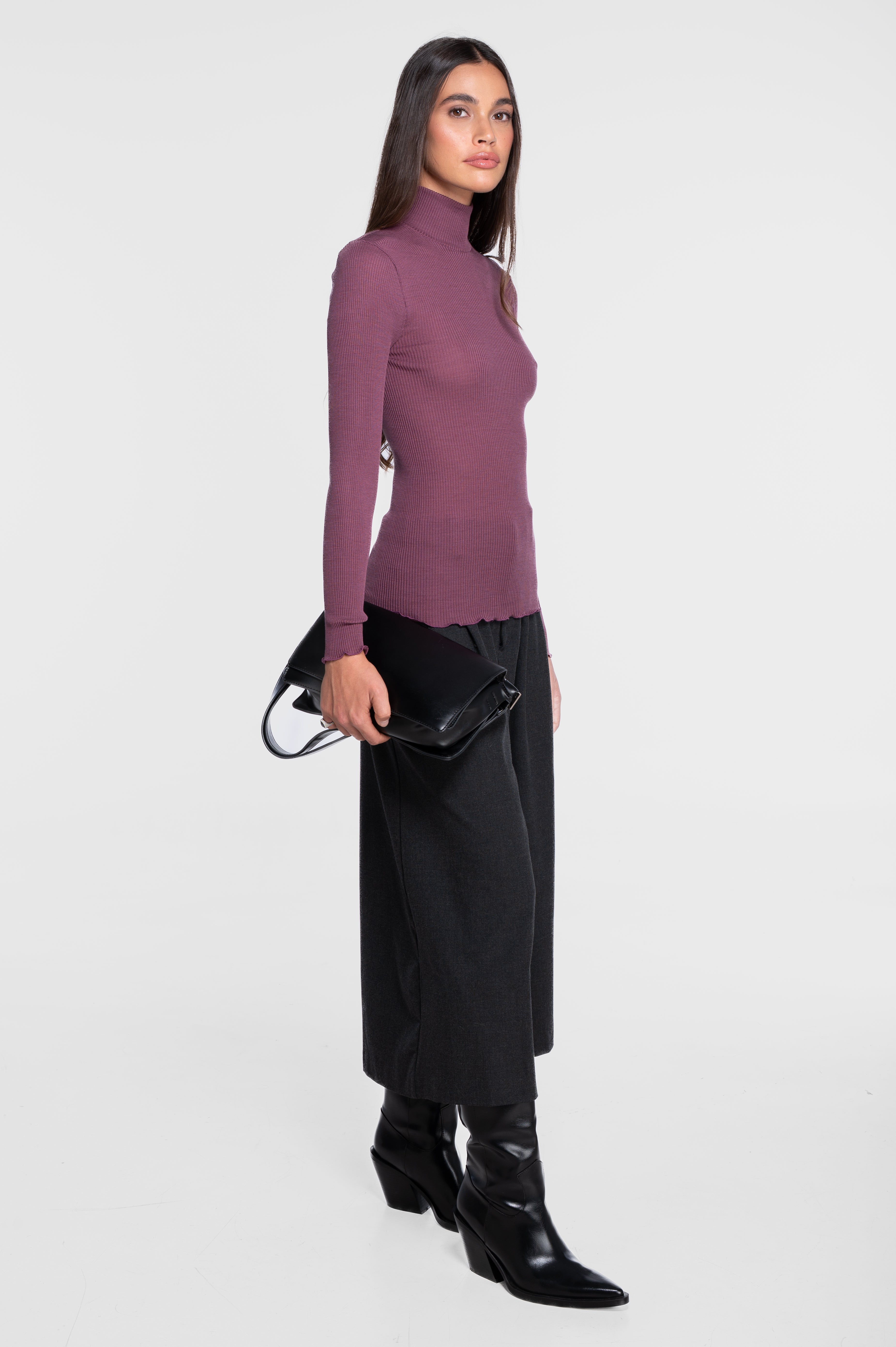 Wool and silk long sleeves mock neck shirt 3429