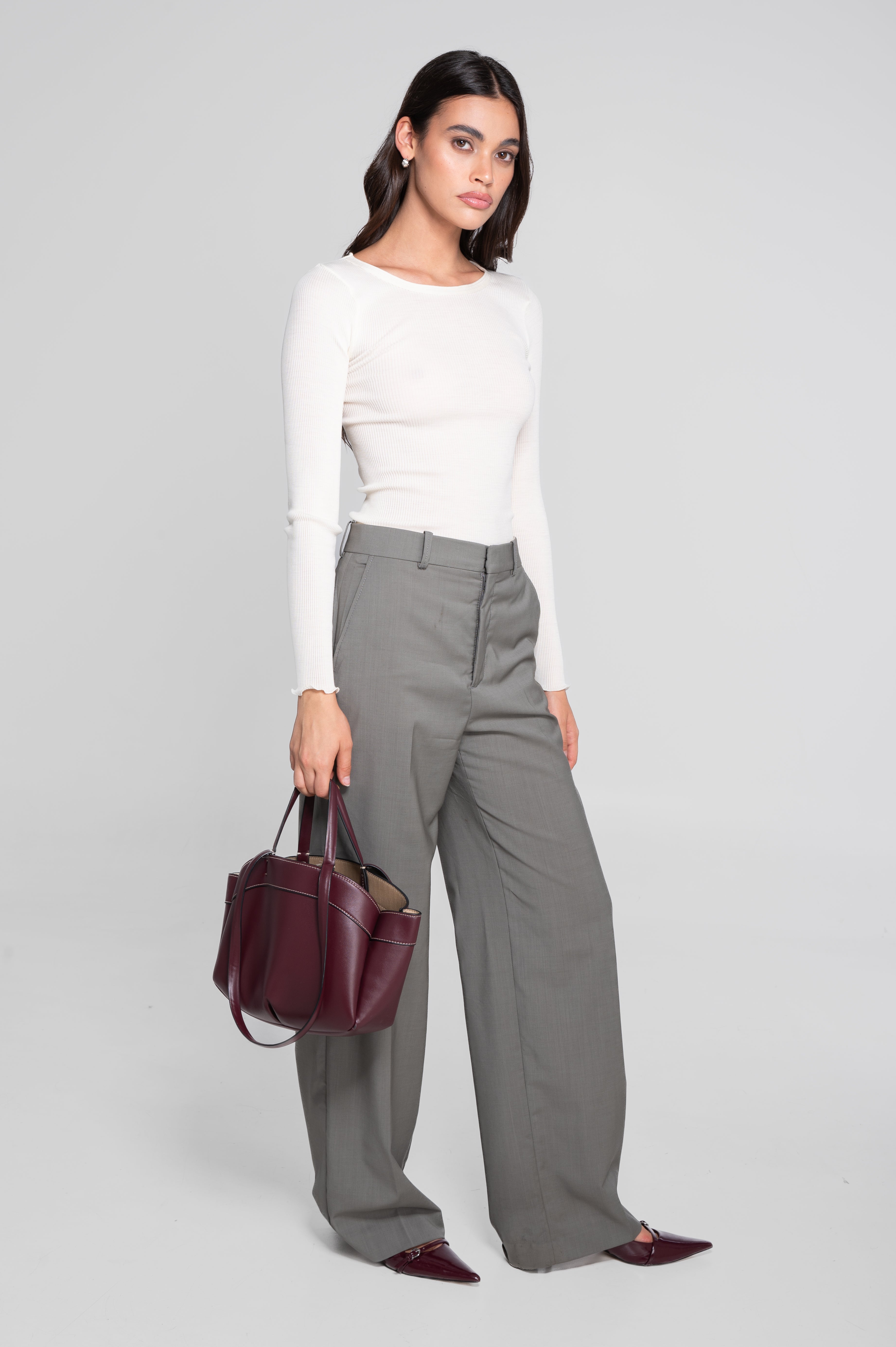 Haut à manches longues en laine et soie côtelée 3446R