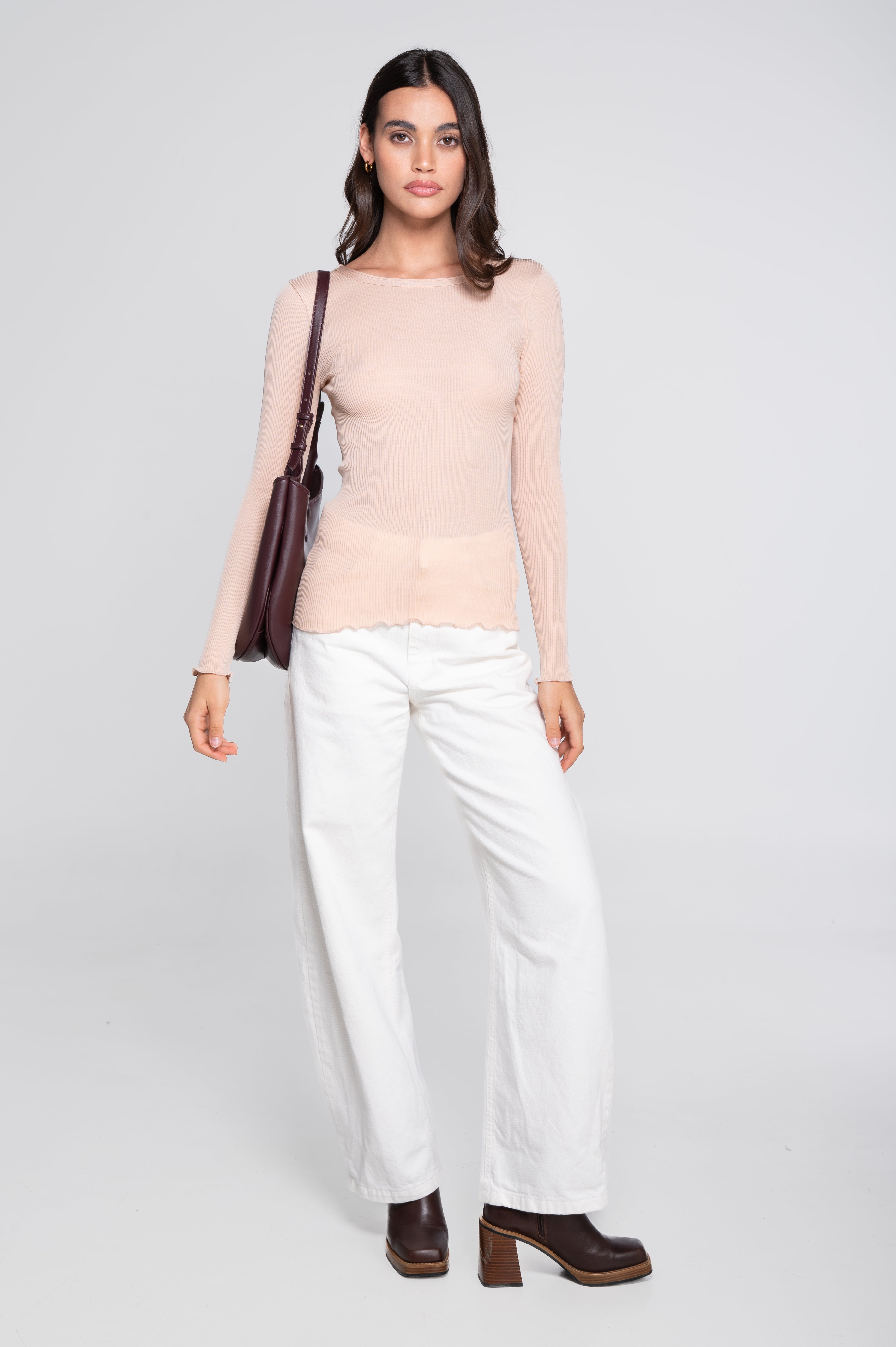 Haut à manches longues en laine et soie côtelée 3446R