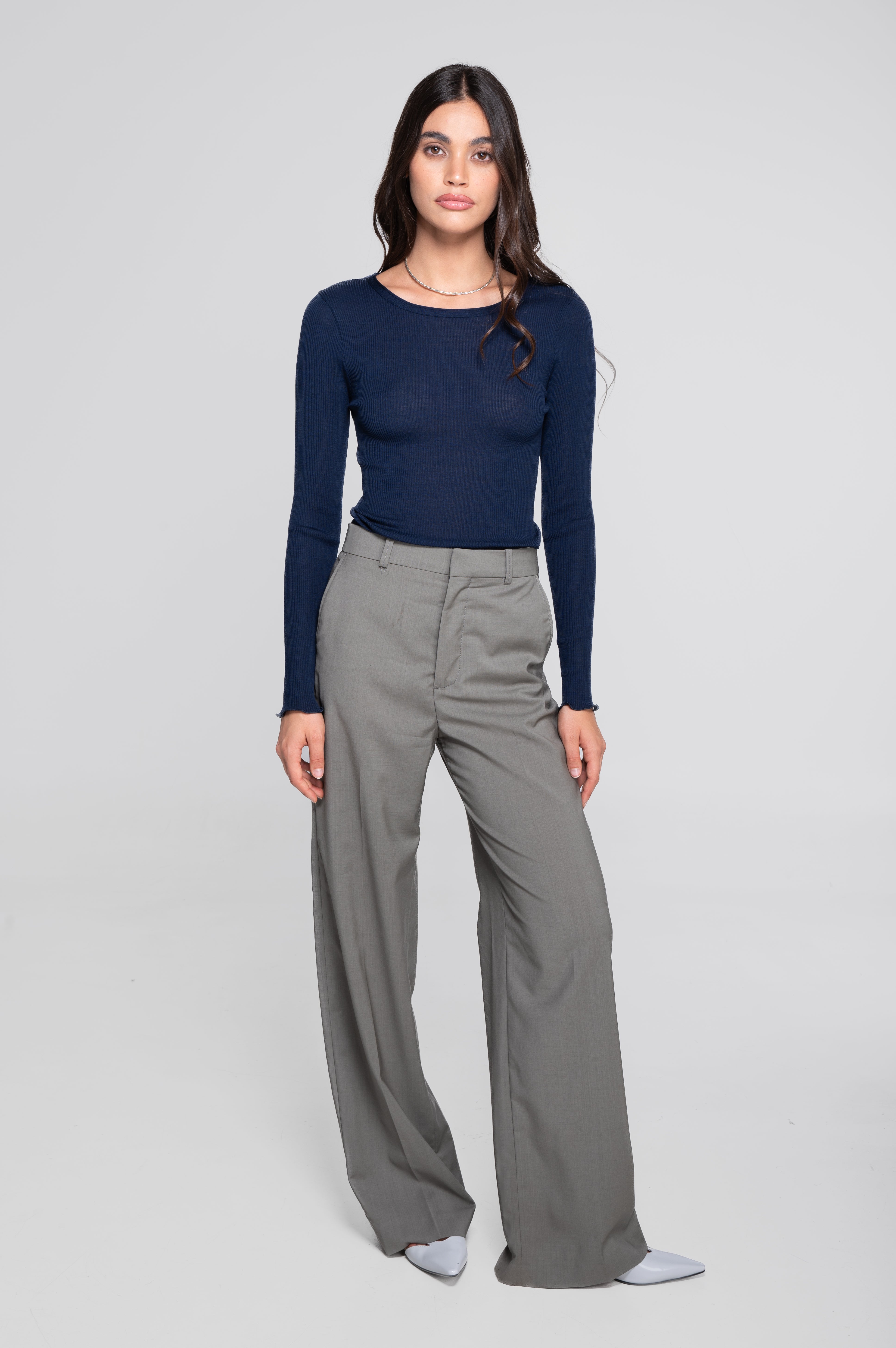 Haut à manches longues en laine et soie côtelée 3446R