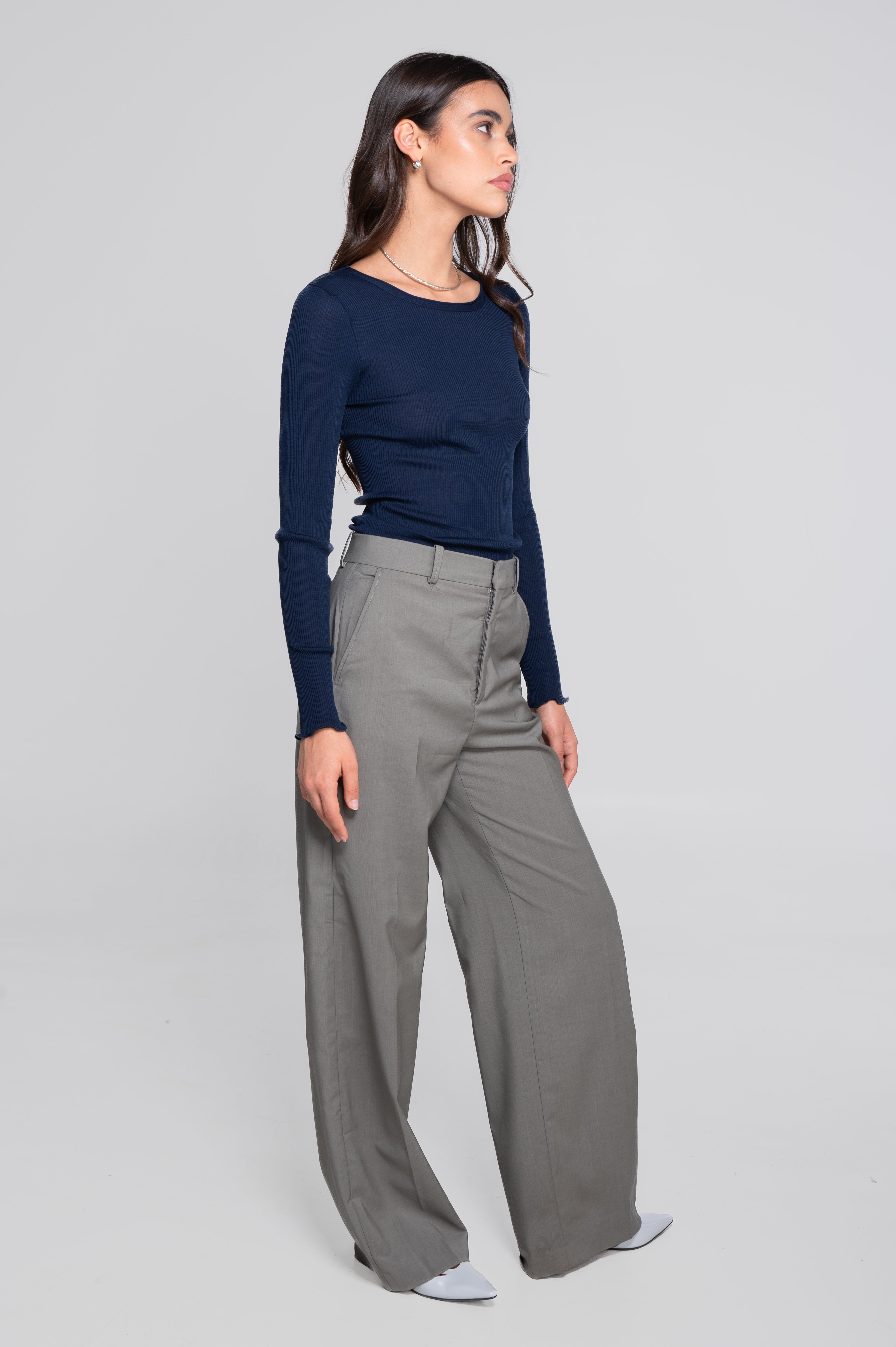 Haut à manches longues en laine et soie côtelée 3446R