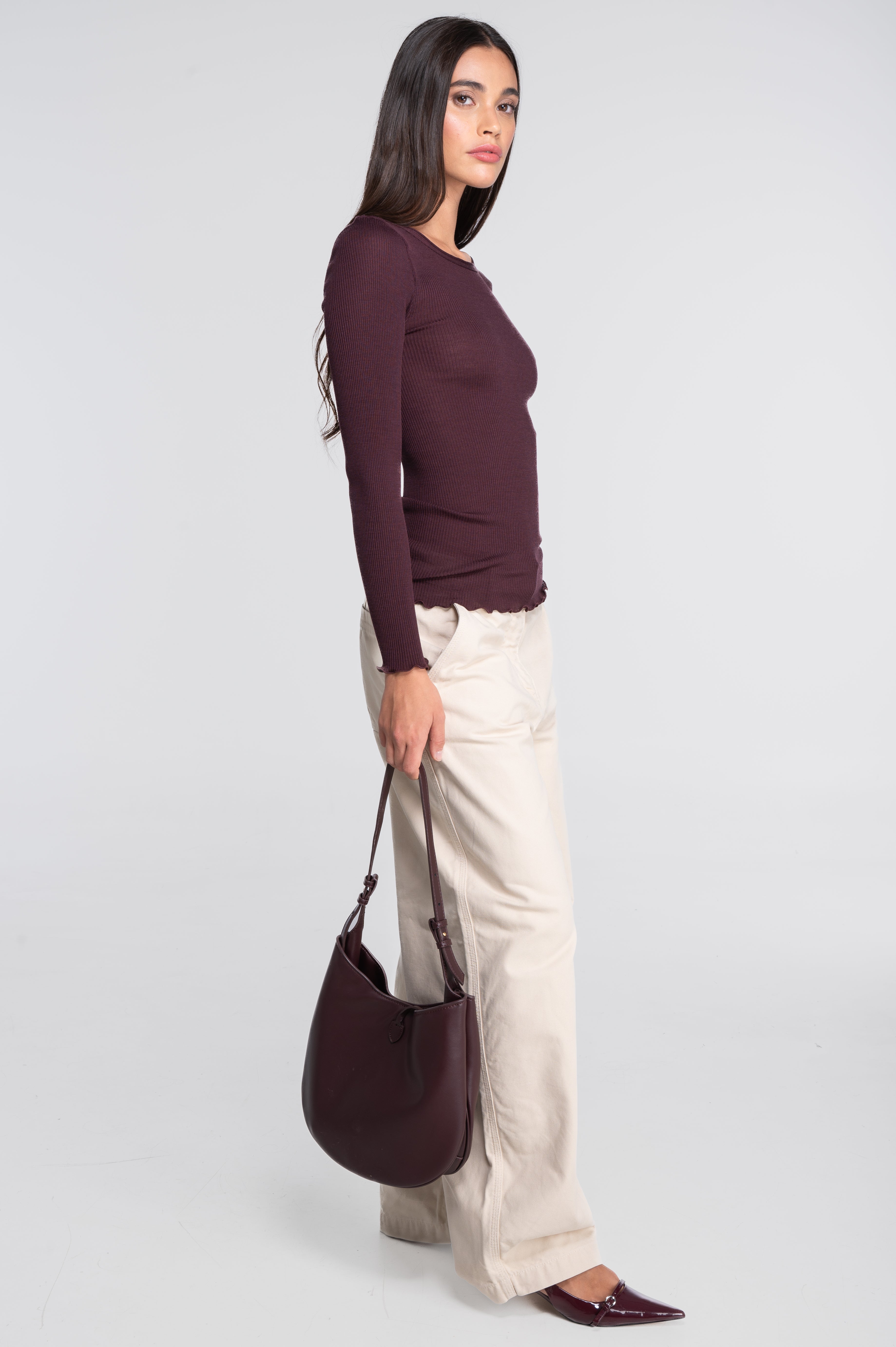 Haut à manches longues en laine et soie côtelée 3446R