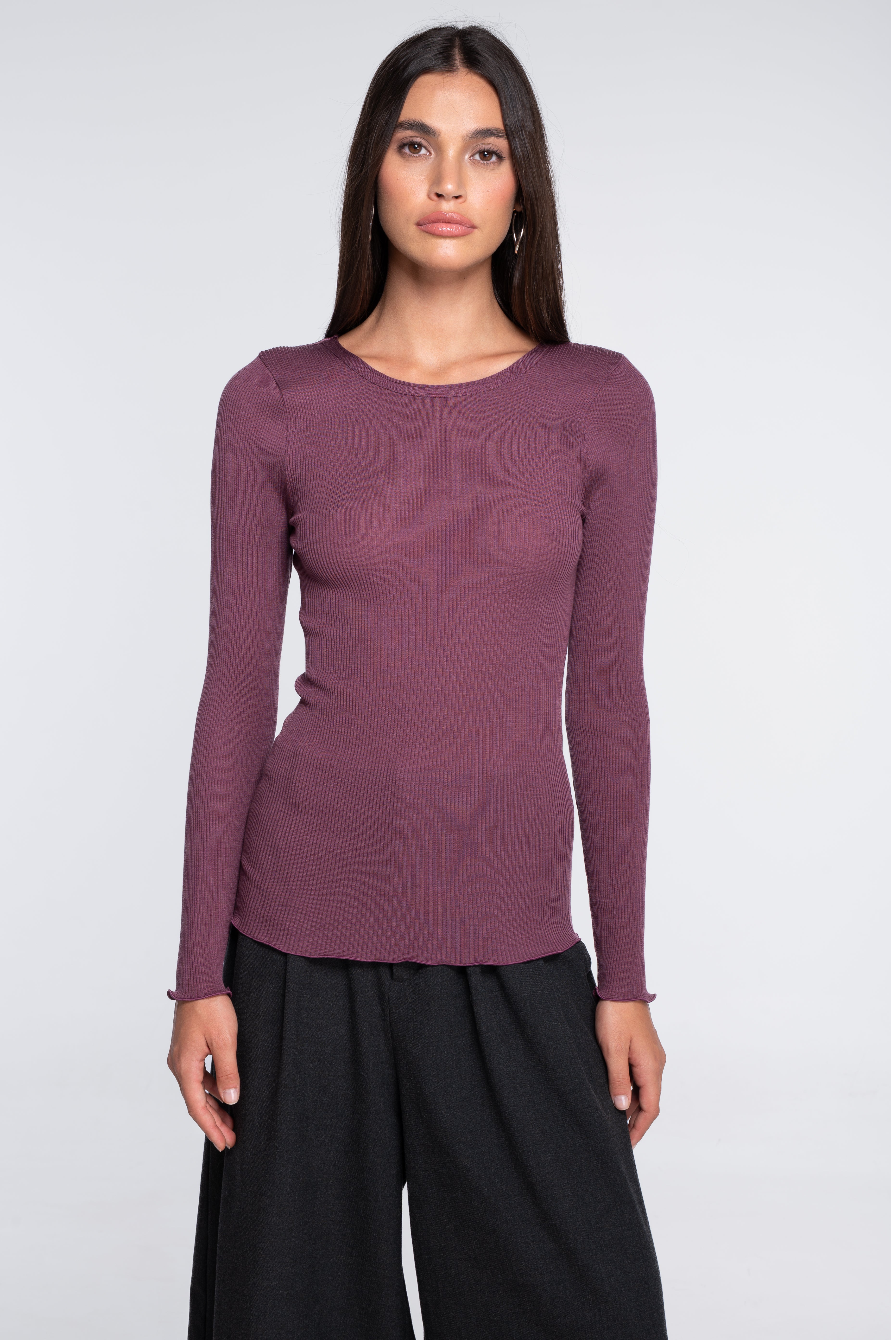 Haut à manches longues en laine et soie côtelée 3446R