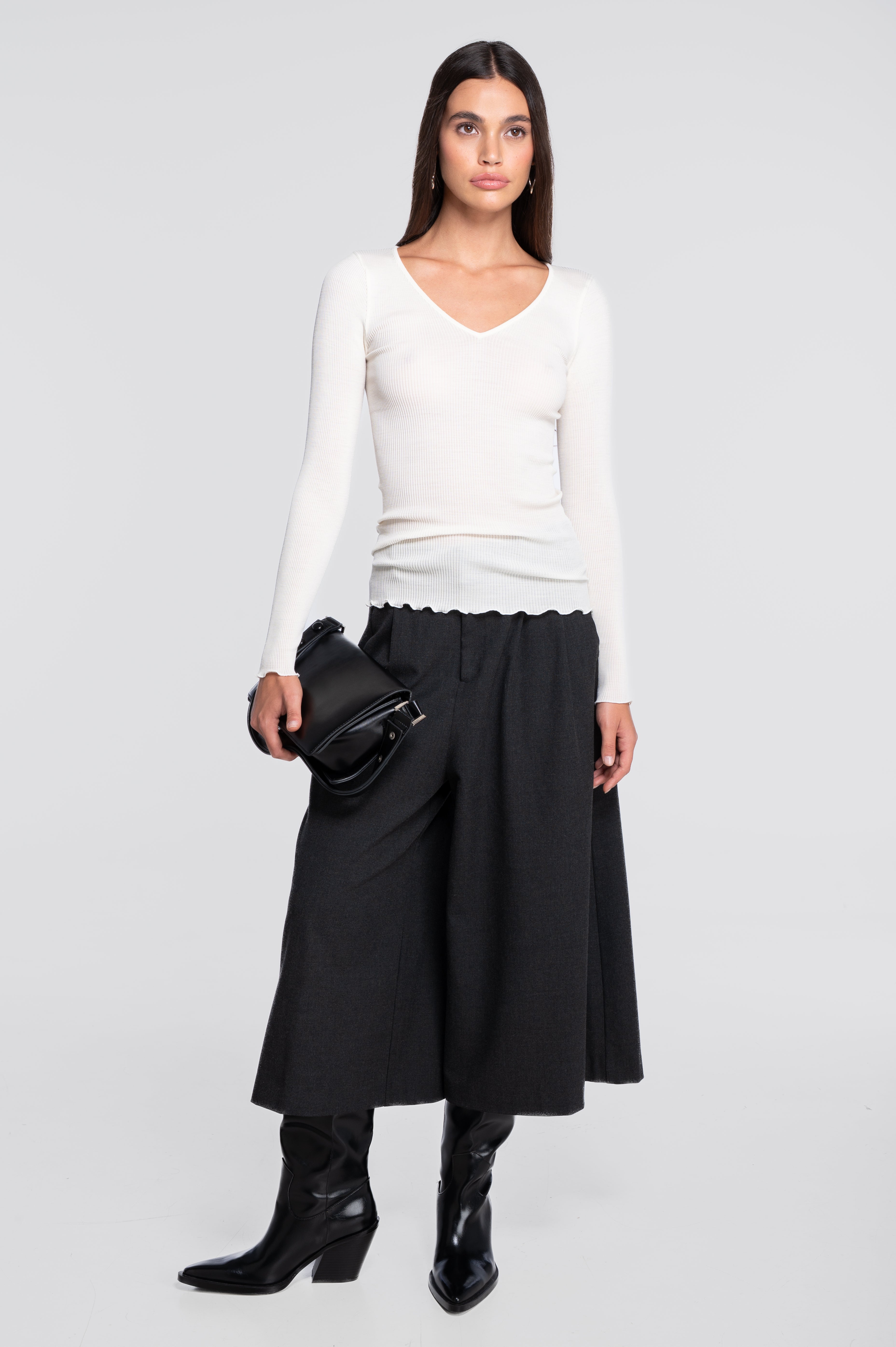 Haut à manches longues et col en V en laine et soie 3486