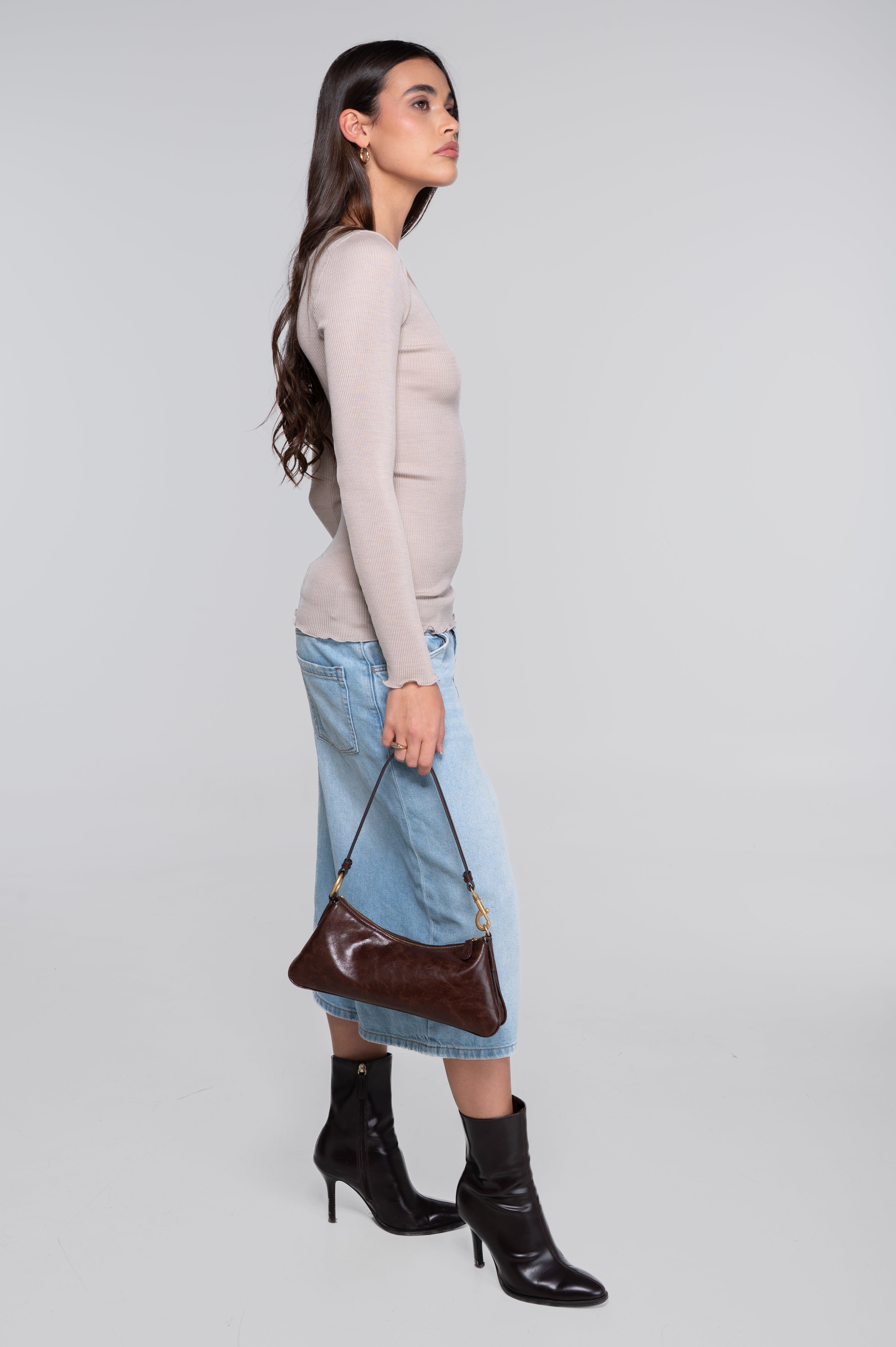 Wool and silk long sleeves V neck shirt 3486