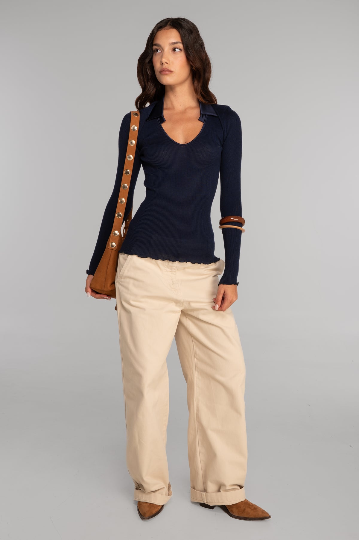 Maglia a maniche lunghe in lana e seta con colletto polo in raso 6349