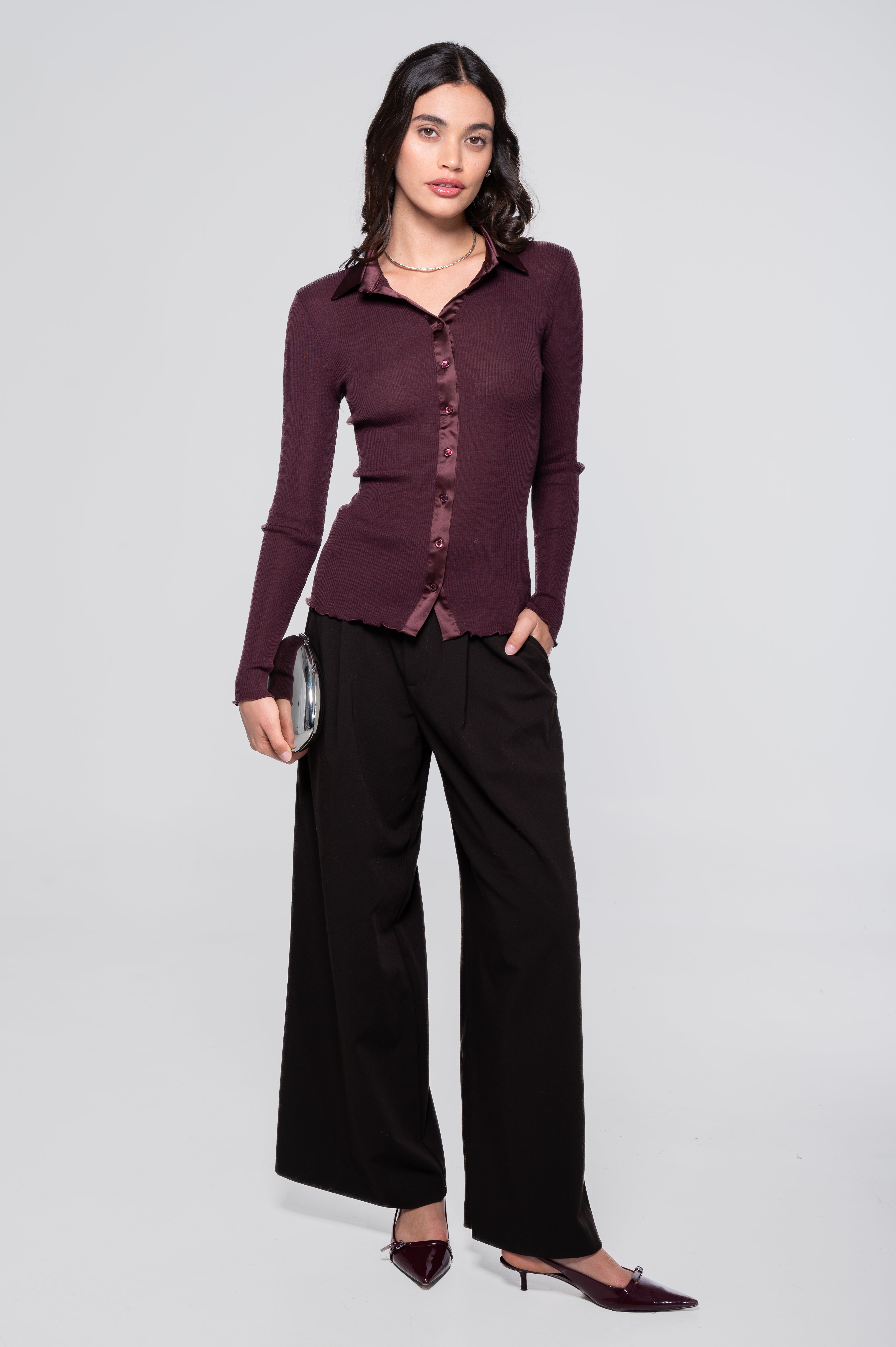 Wool and silk long sleeves shirt with satin opening 6350