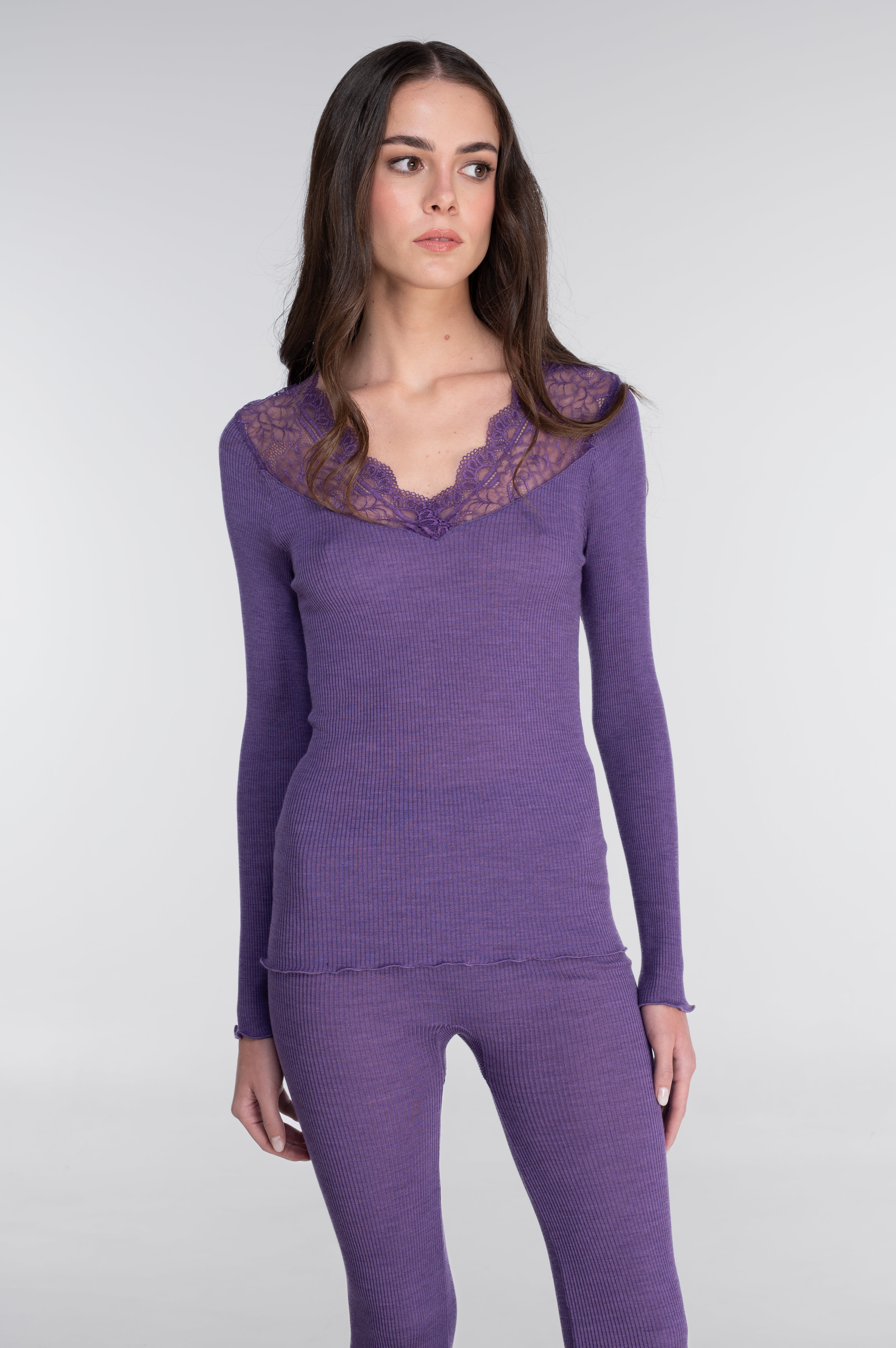 Chemise à manches longues en laine et soie avec dentelle Leavers 7410