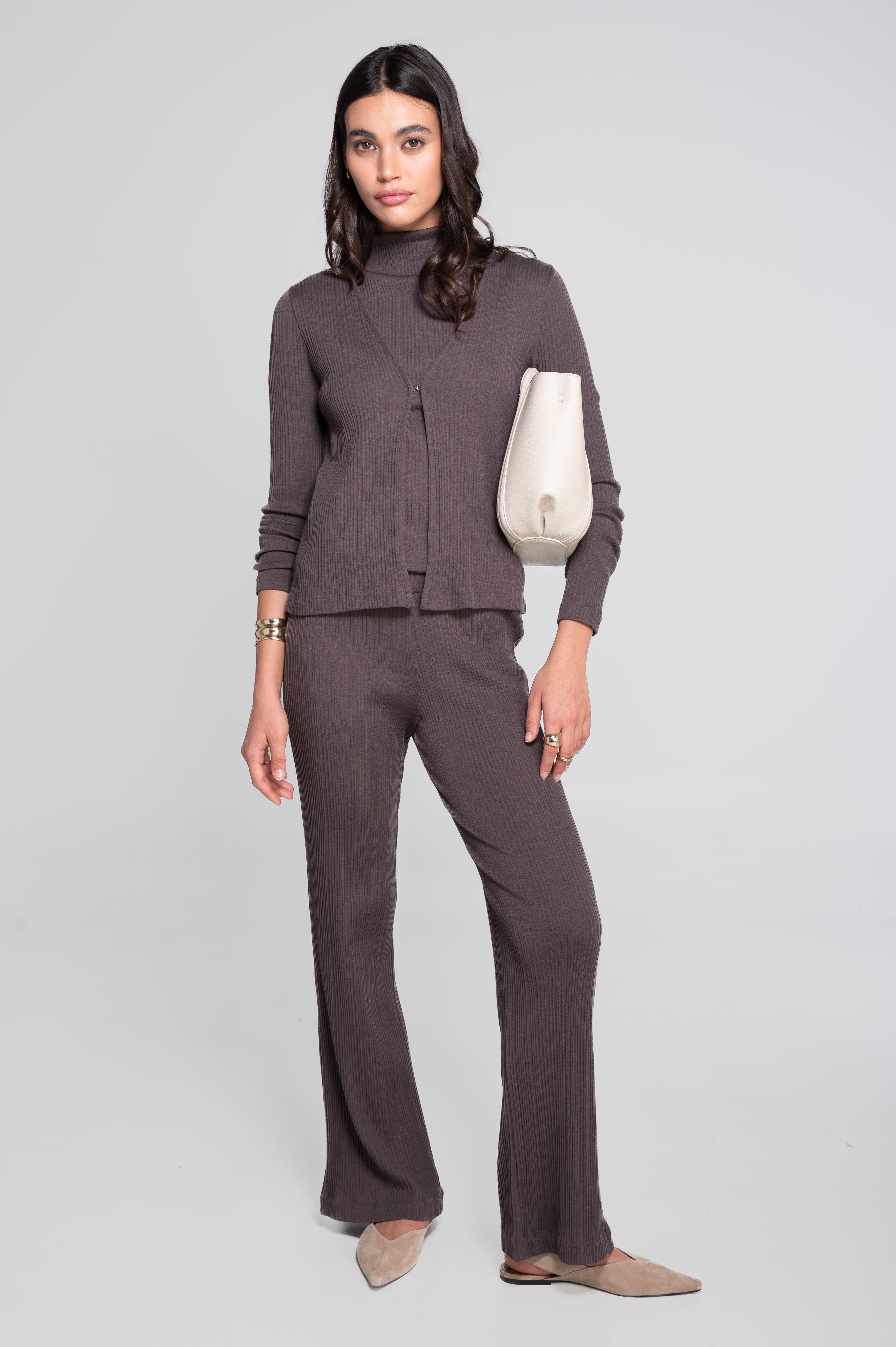 Wool and silk long sleeves cardigan with irregular rib 7464