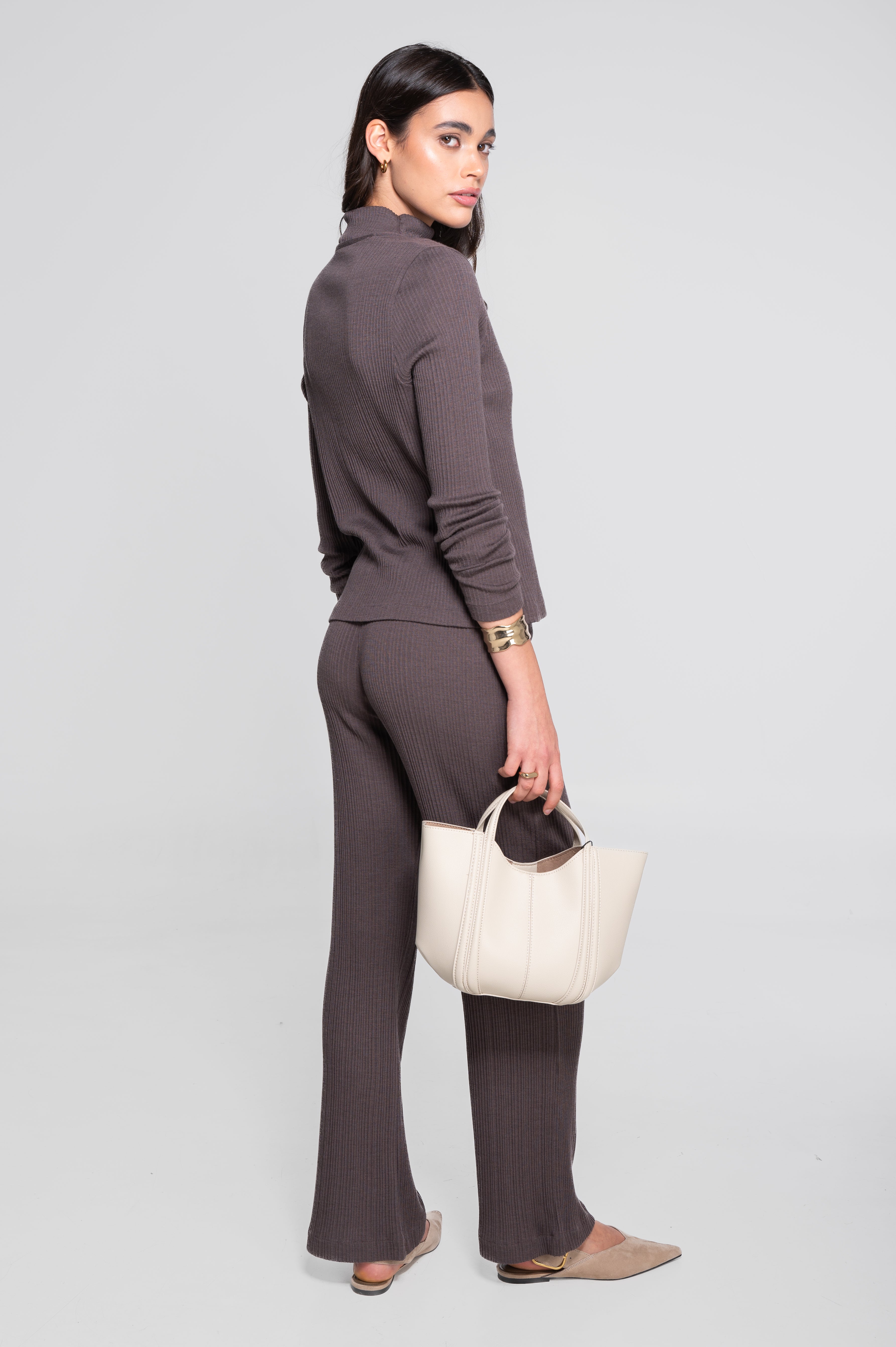 Wide-leg wool and silk trousers with irregular rib 7468