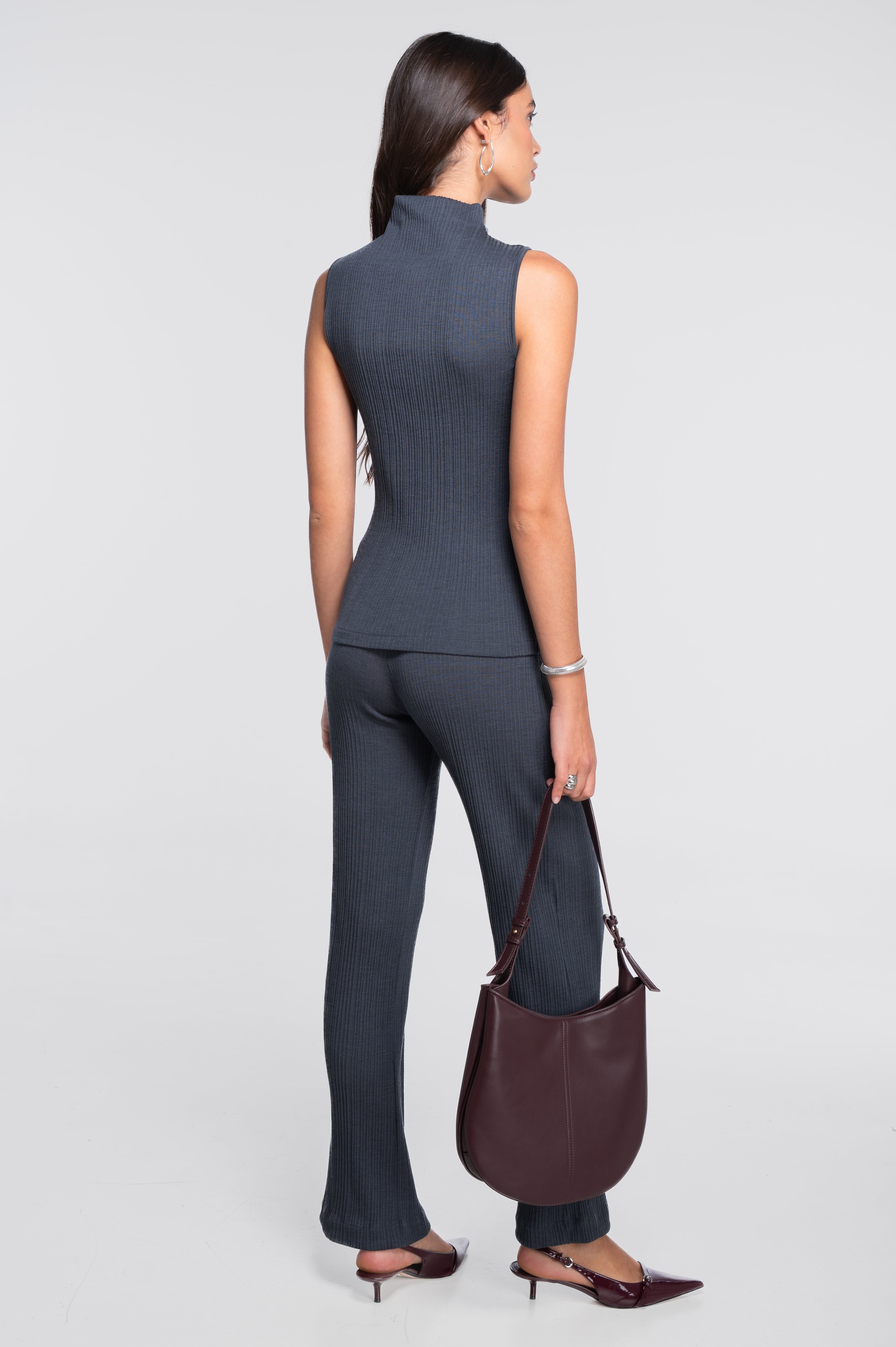 Wide-leg wool and silk trousers with irregular rib 7468