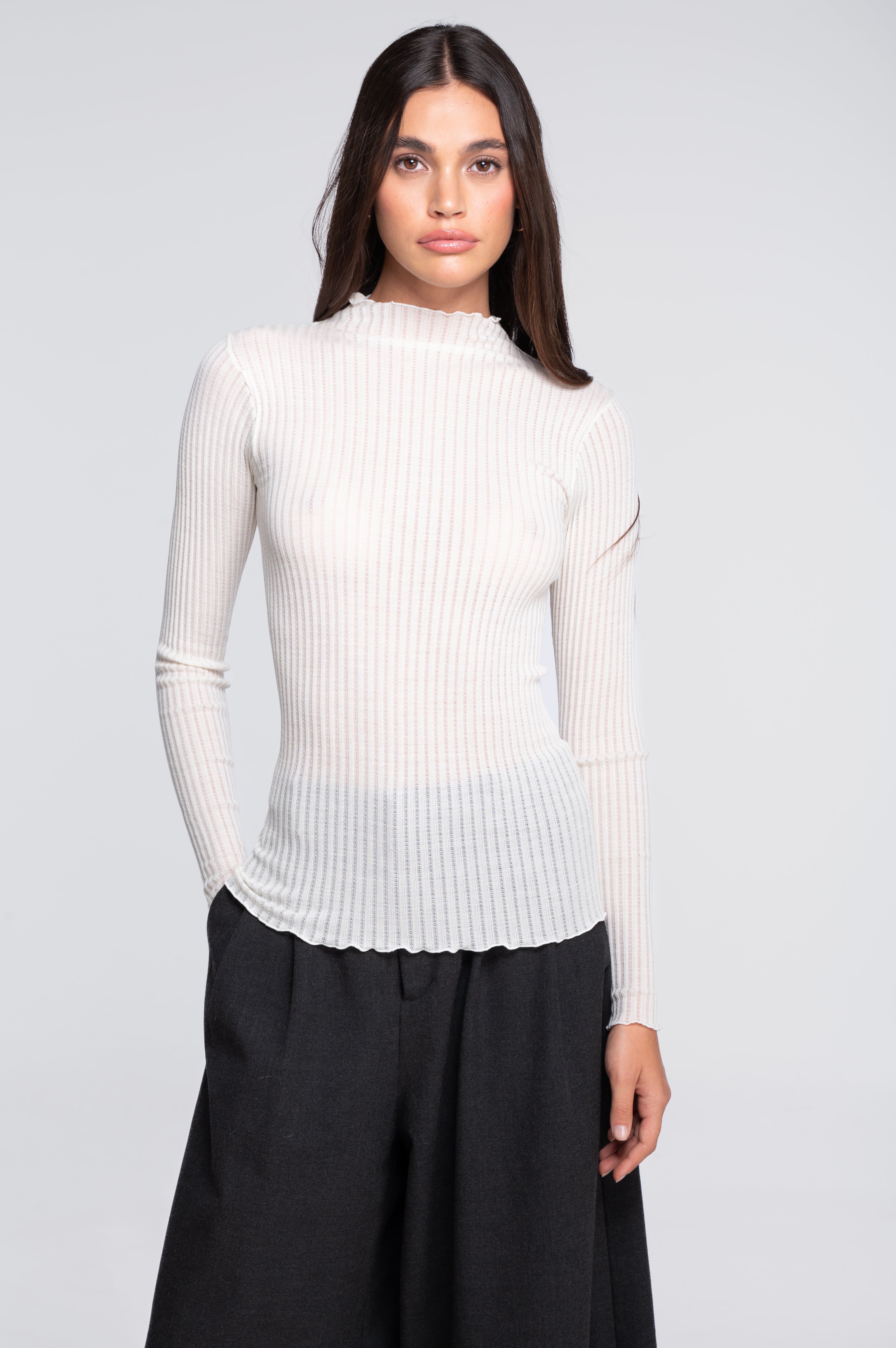 Long sleeves mock neck shirt in ajouré wool and silk 7494