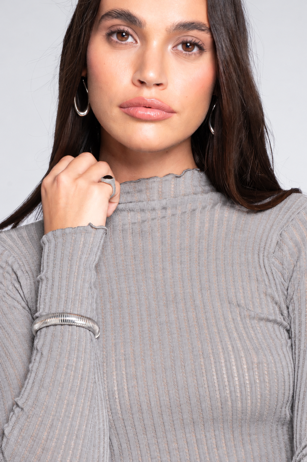 Long sleeves mock neck shirt in ajouré wool and silk 7494