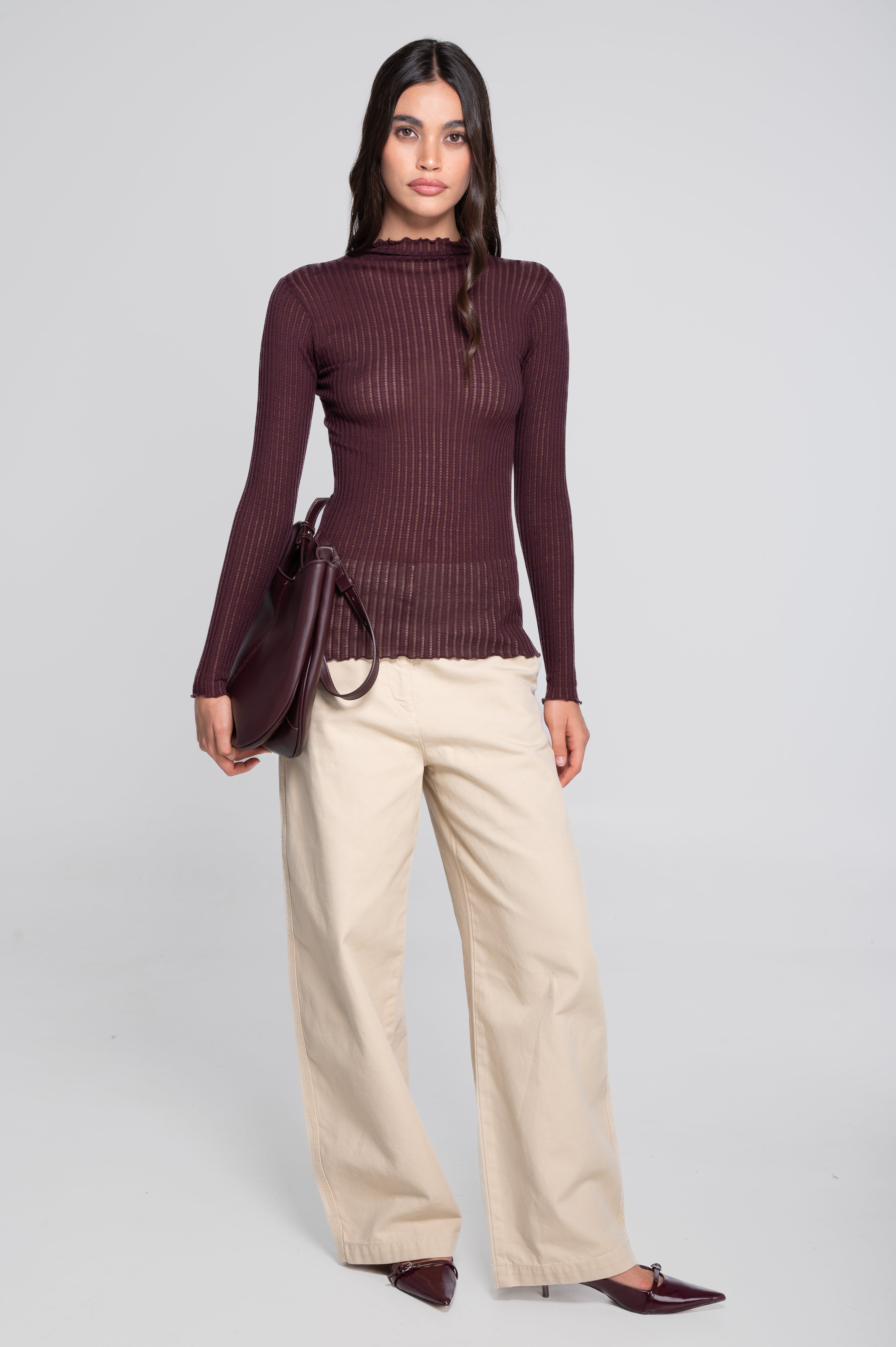 Long sleeves mock neck shirt in ajouré wool and silk 7494