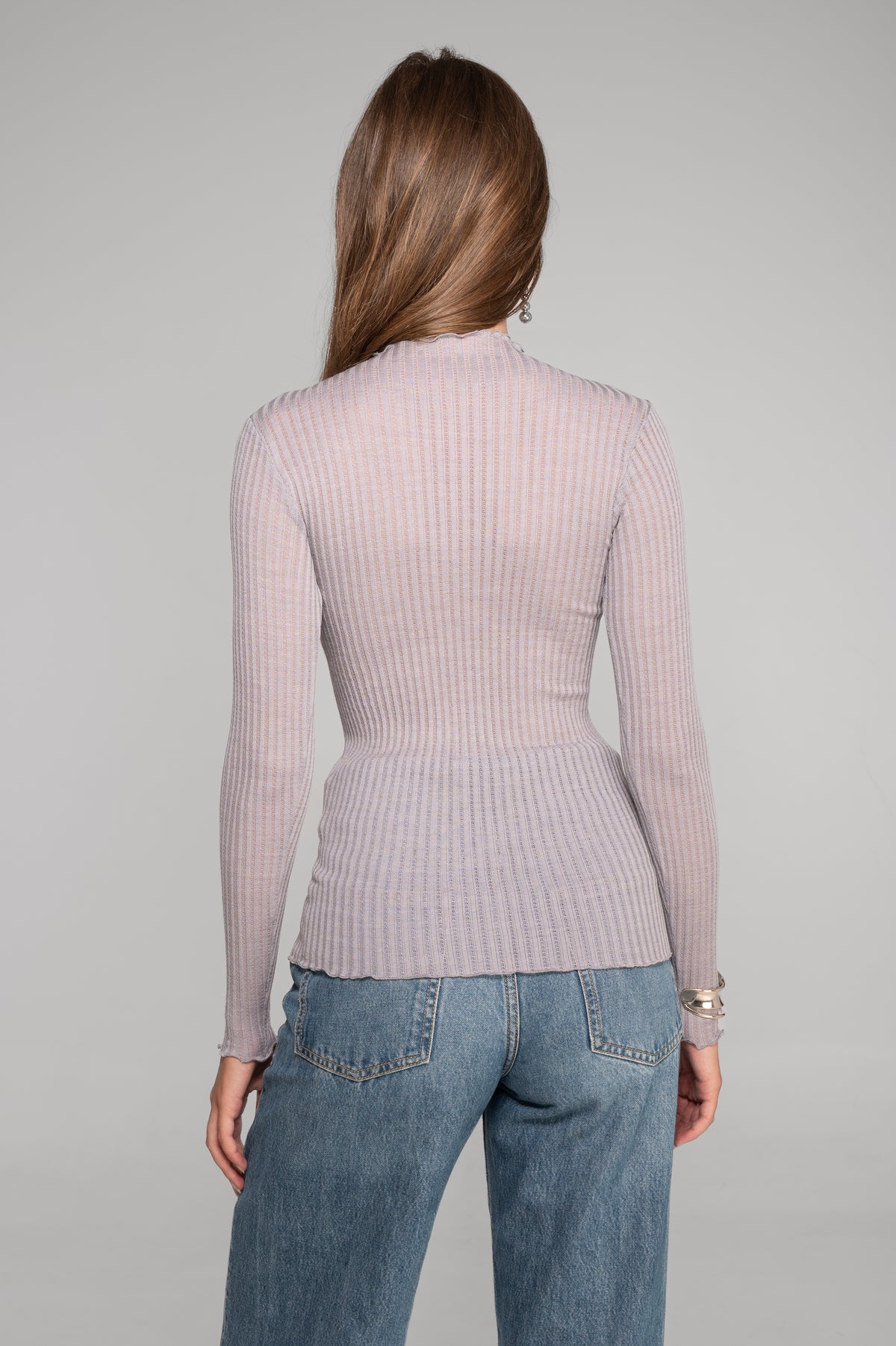 Long sleeves mock neck shirt in ajouré wool and silk 7494