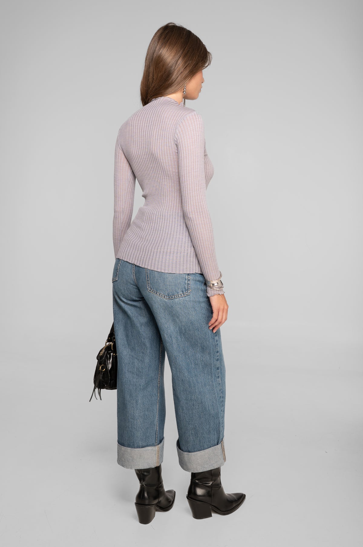Long sleeves mock neck shirt in ajouré wool and silk 7494