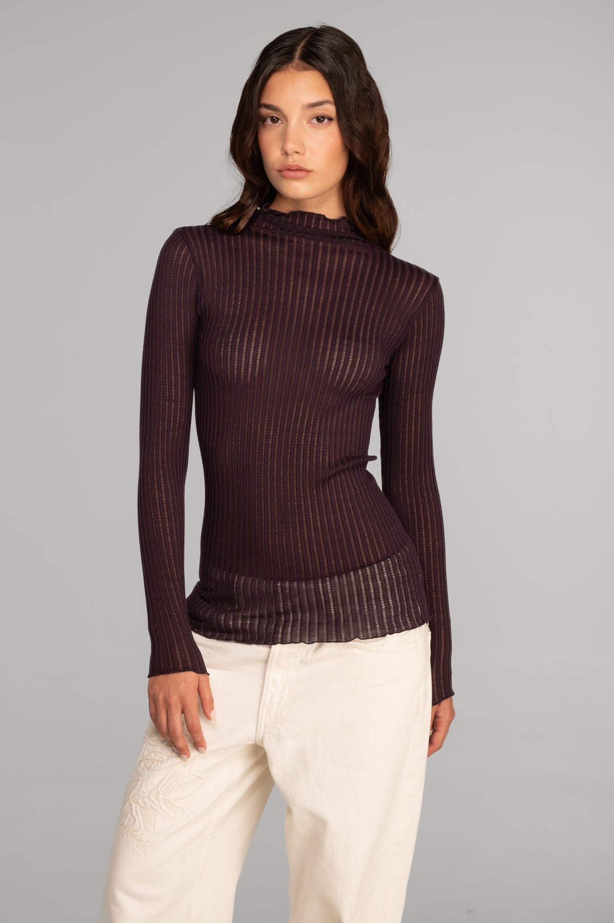 Long sleeves mock neck shirt in ajouré wool and silk 7494