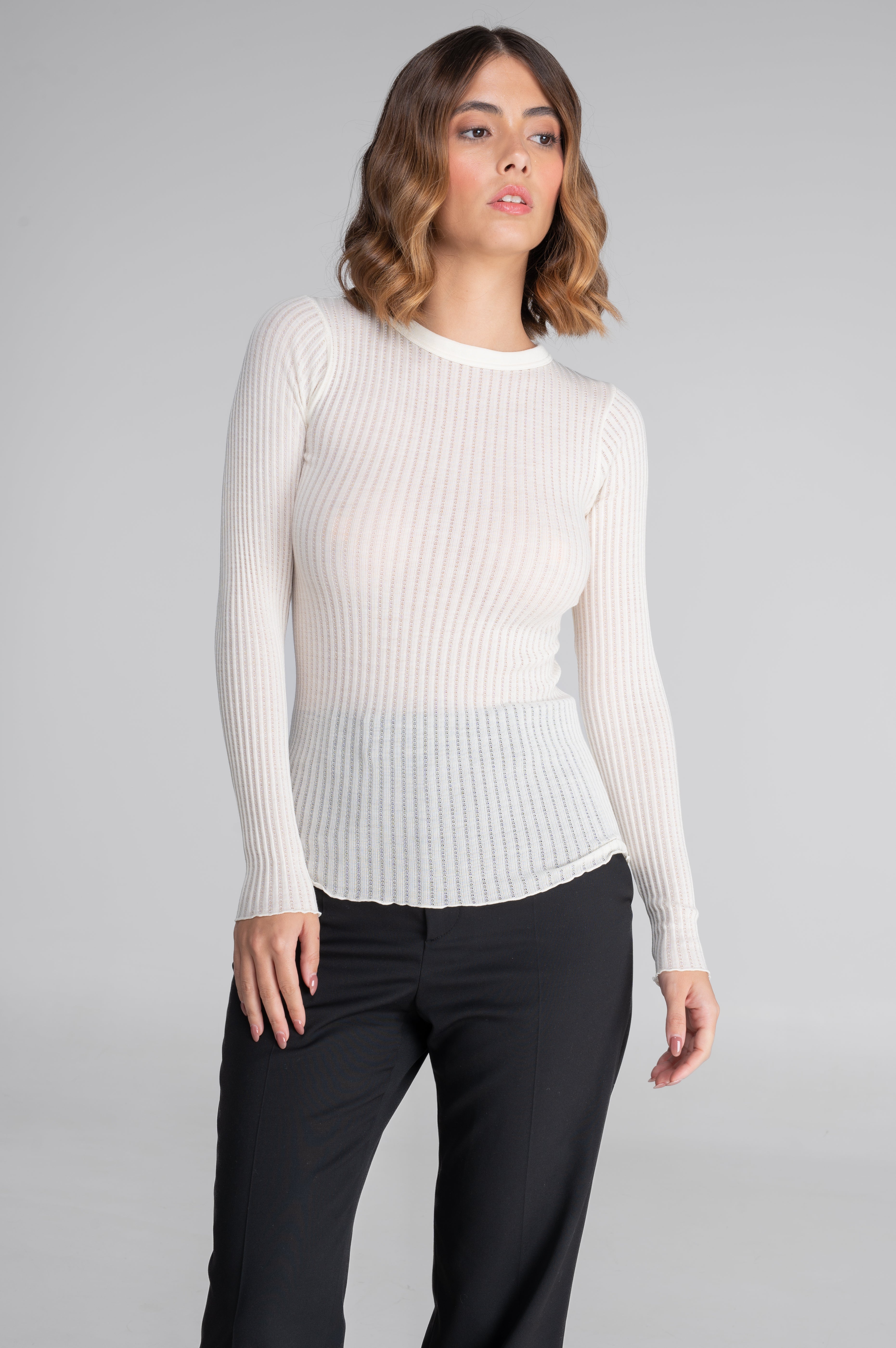 Long sleeves round neck shirt in ajouré wool and silk 7496