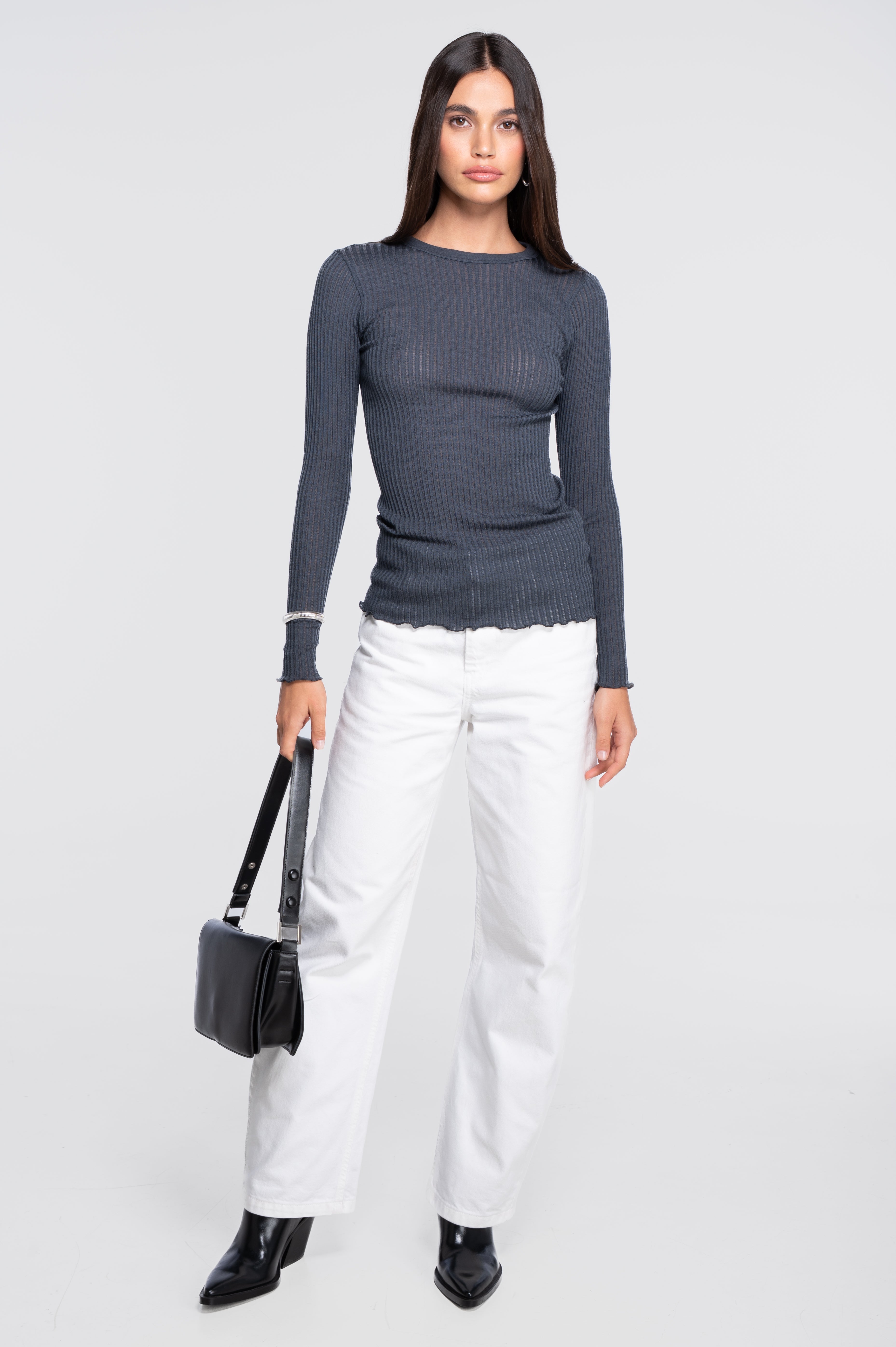 Long sleeves round neck shirt in ajouré wool and silk 7496