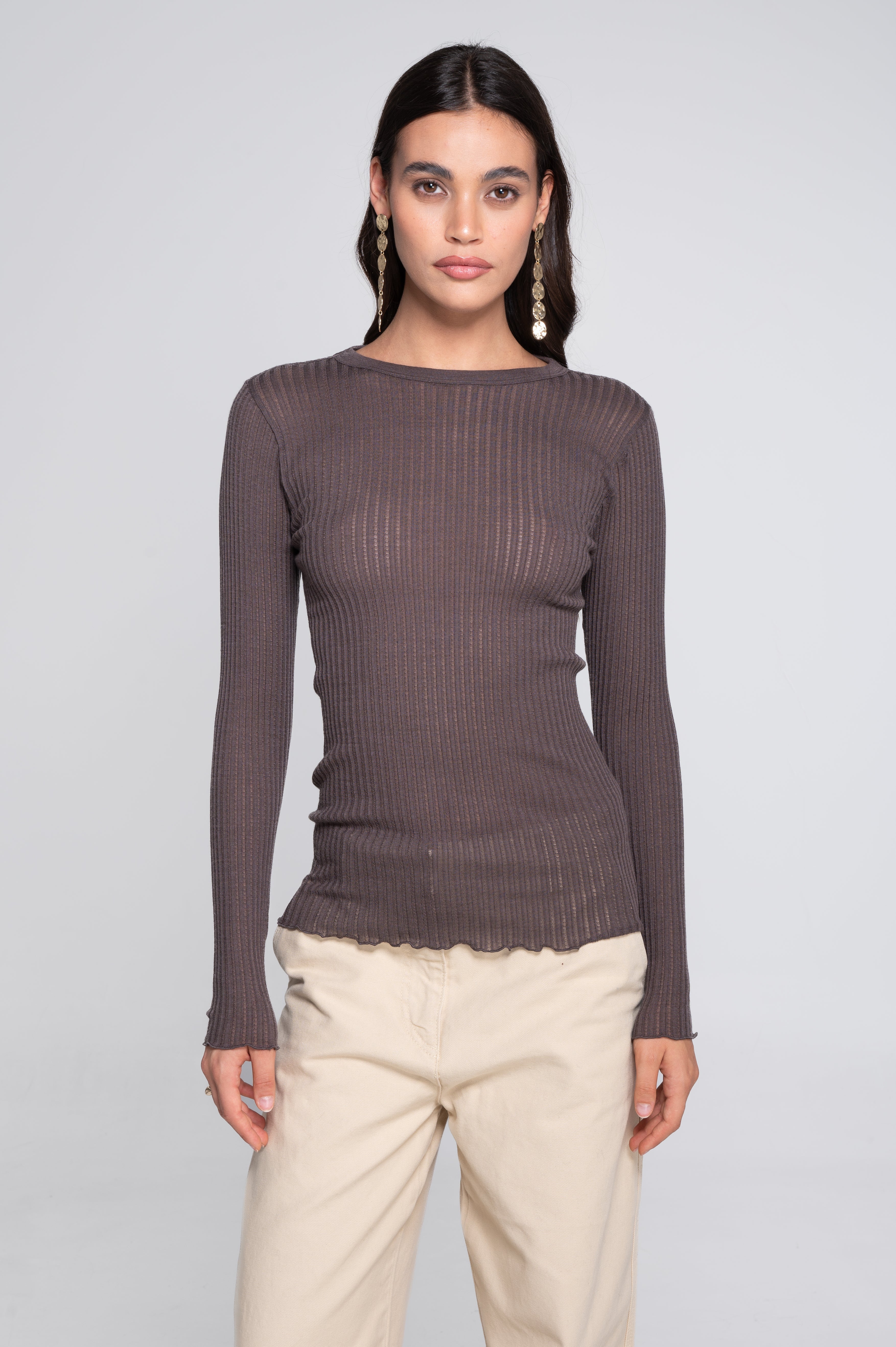 Long sleeves round neck shirt in ajouré wool and silk 7496