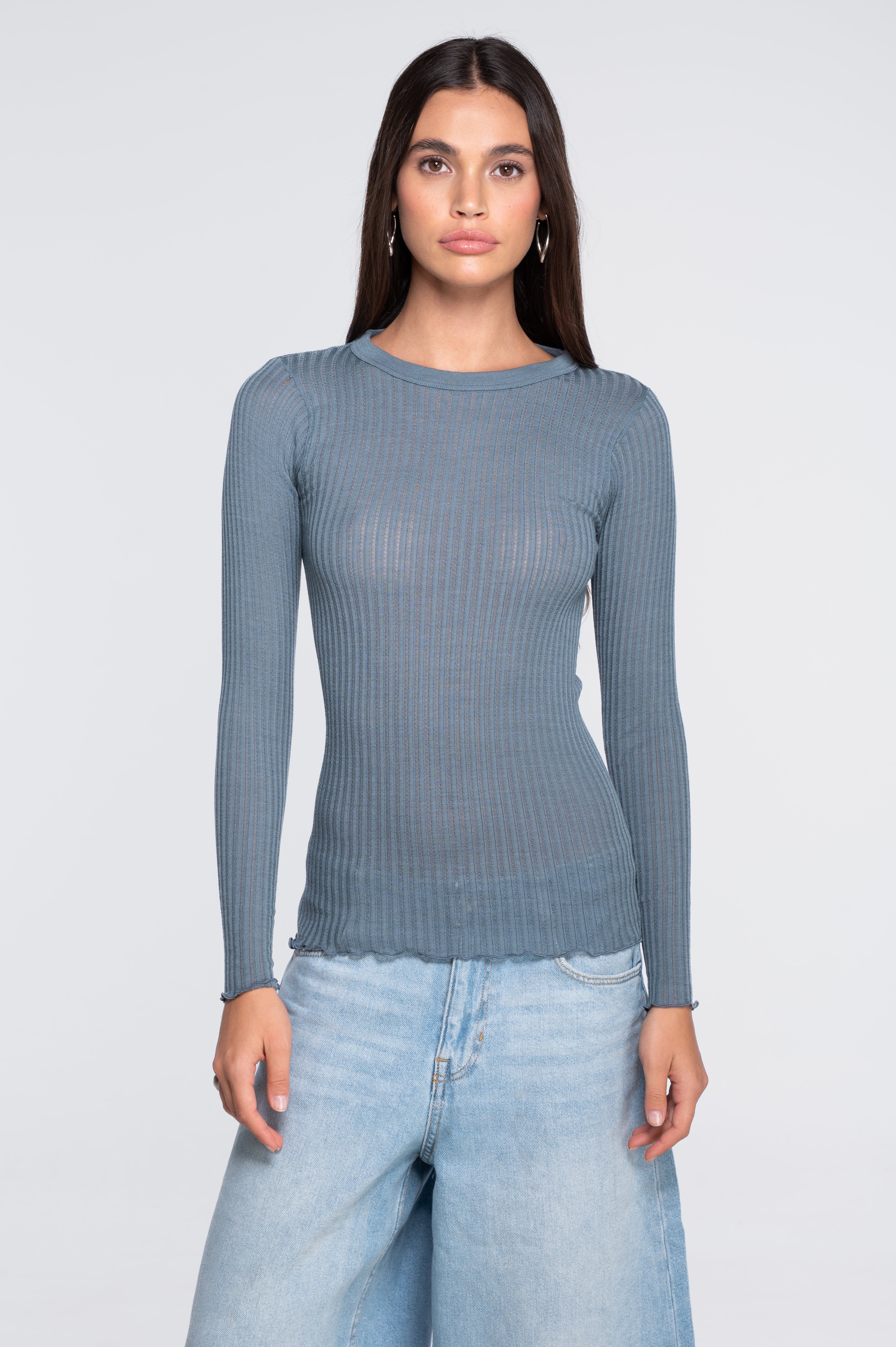 Long sleeves round neck shirt in ajouré wool and silk 7496