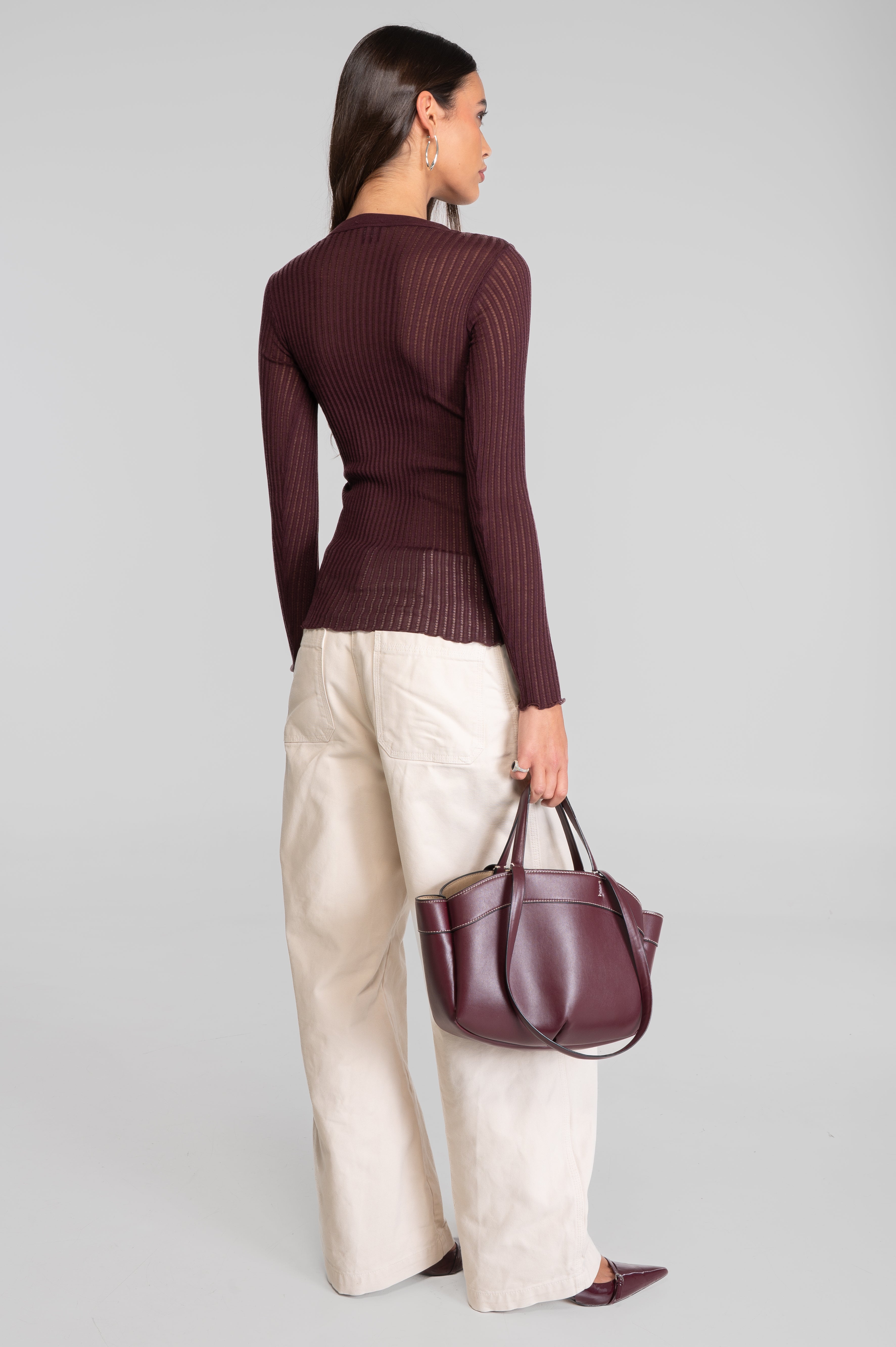 Haut à manches longues col rond en laine ajourée et soie 7496