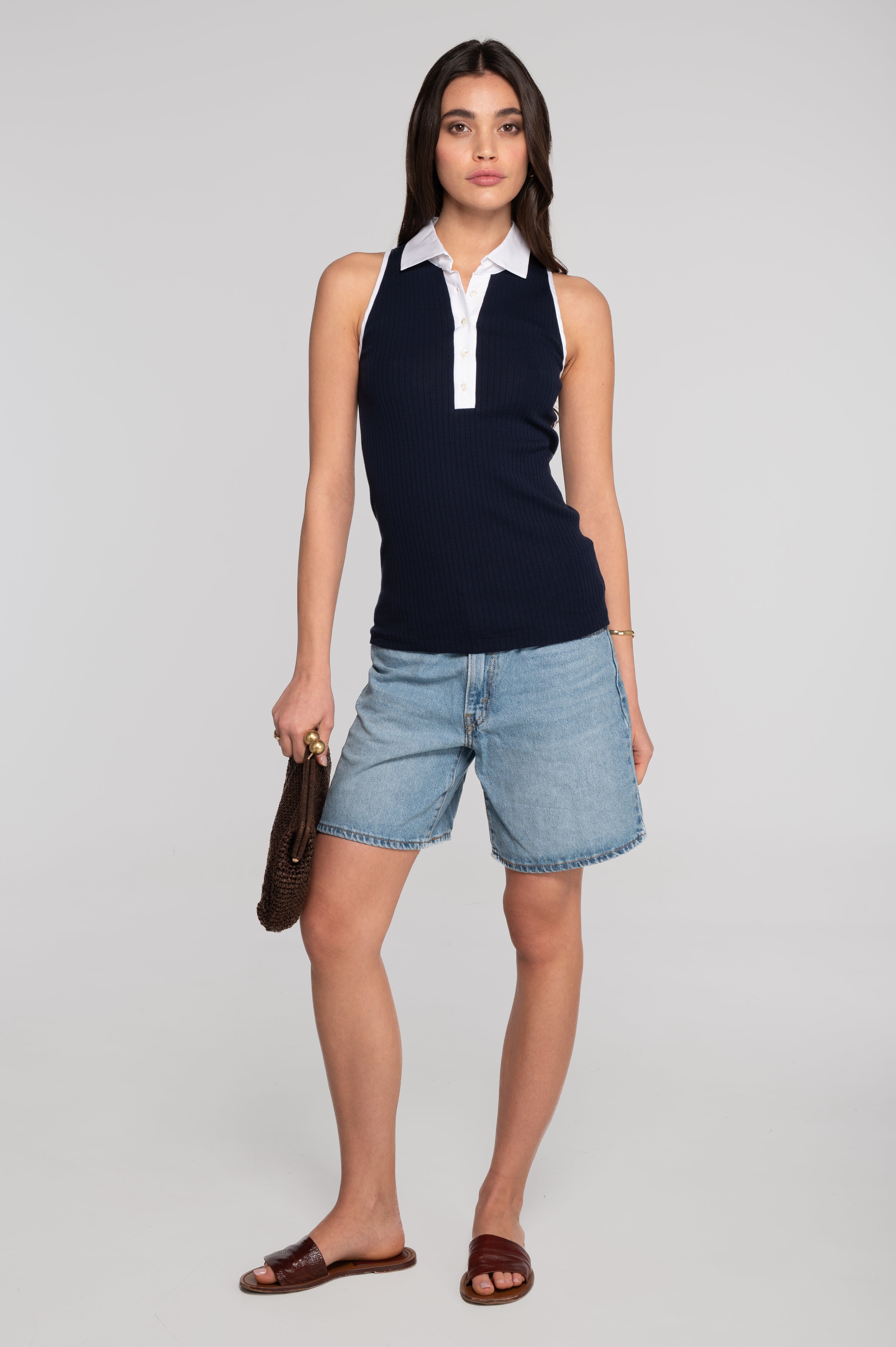 Cotton top with poplin henley neckline 7569