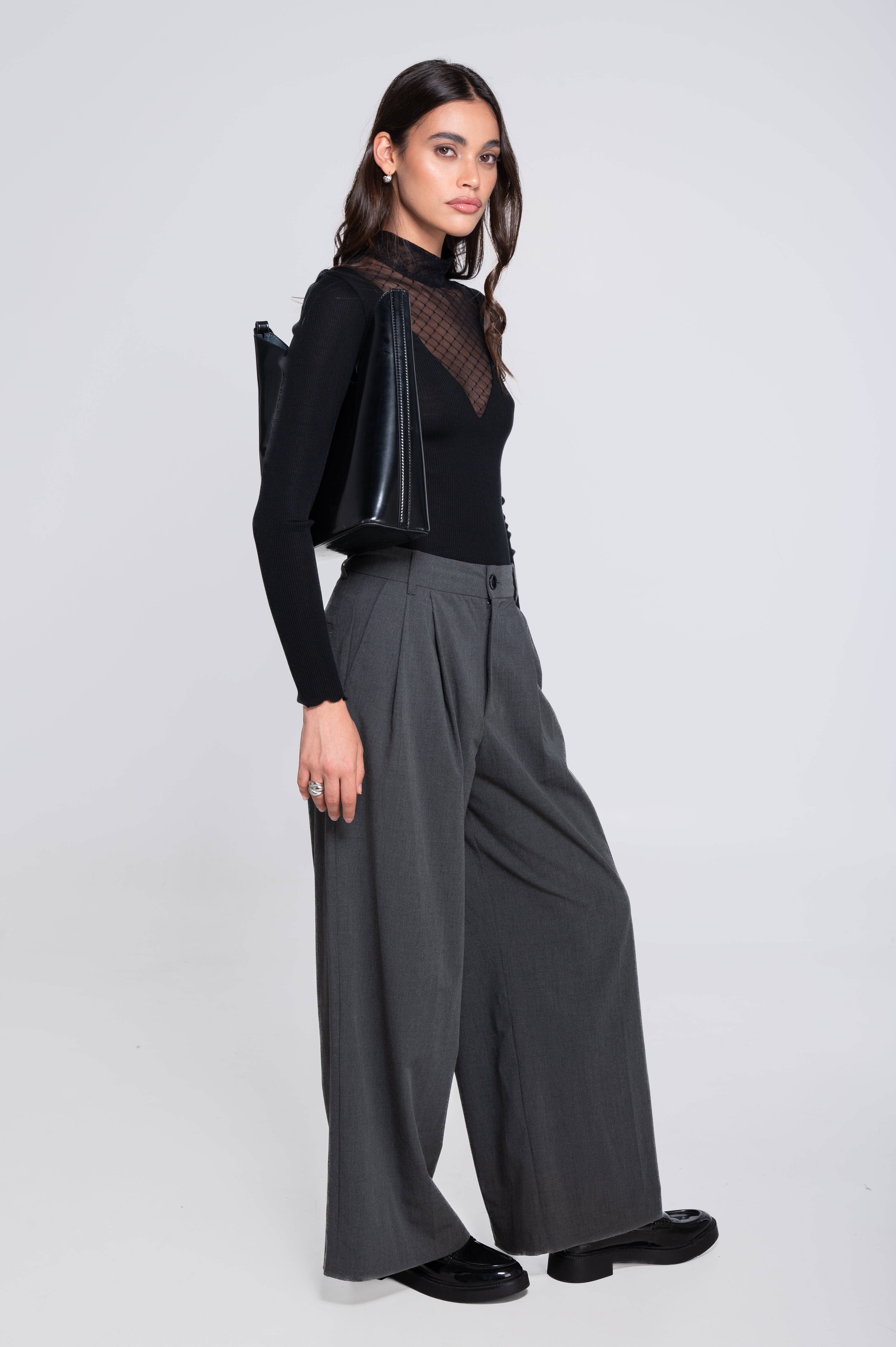 Haut à manches longues et col montant en laine et soie avec laize jacquard à motif losanges 7620