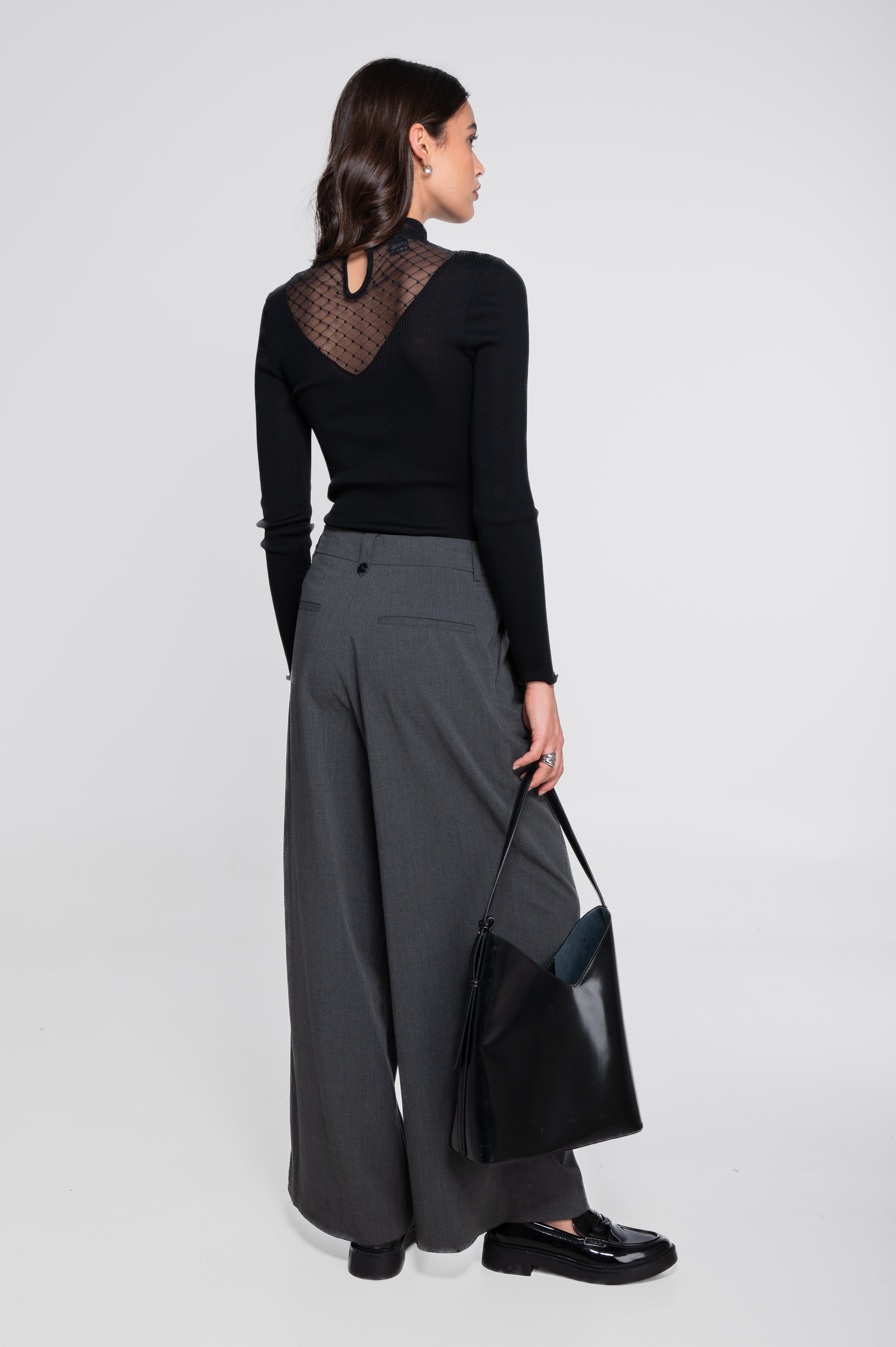 Haut à manches longues et col montant en laine et soie avec laize jacquard à motif losanges 7620