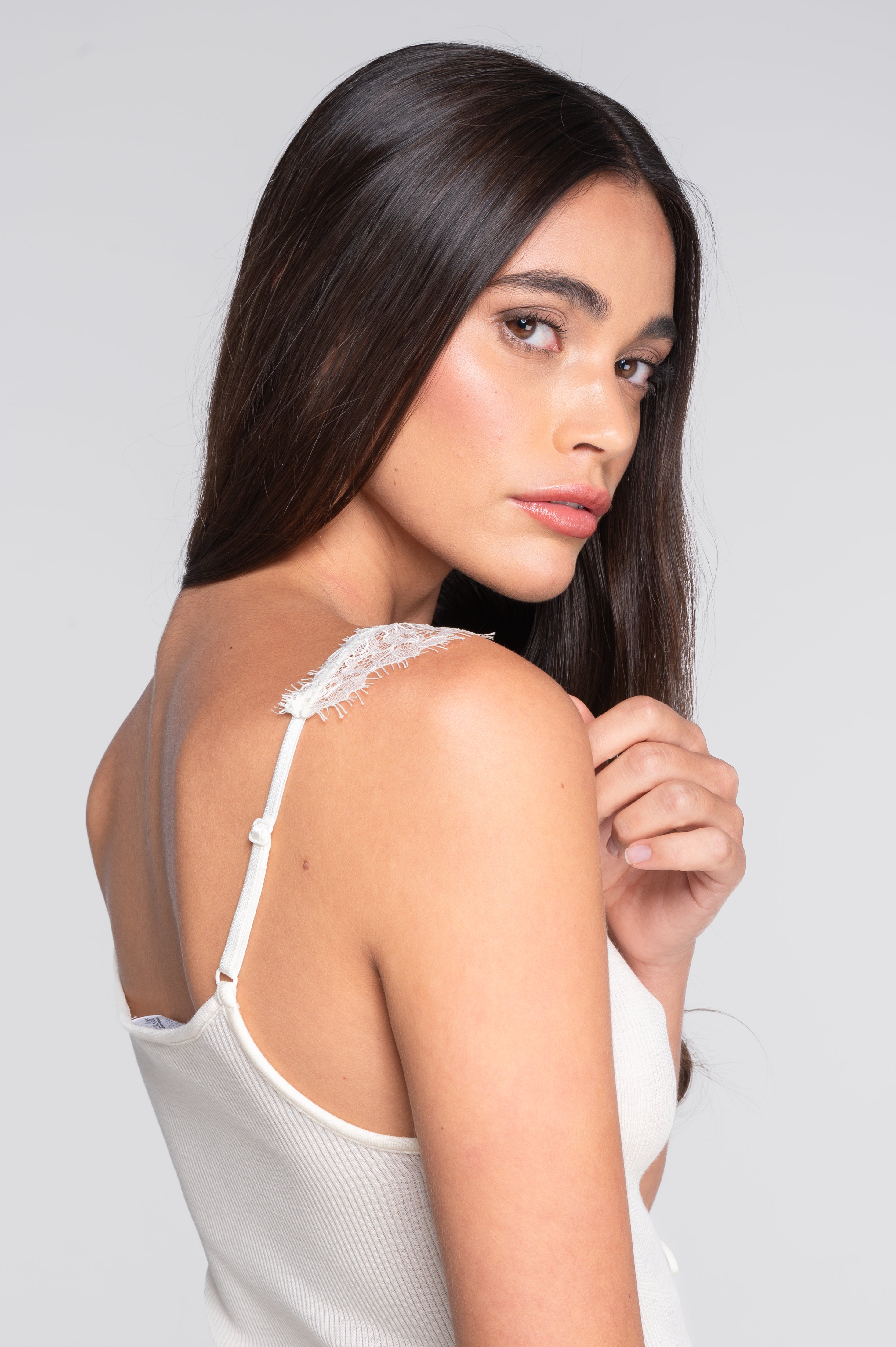 Wool and silk top with Chantilly lace and front tie closure 7640