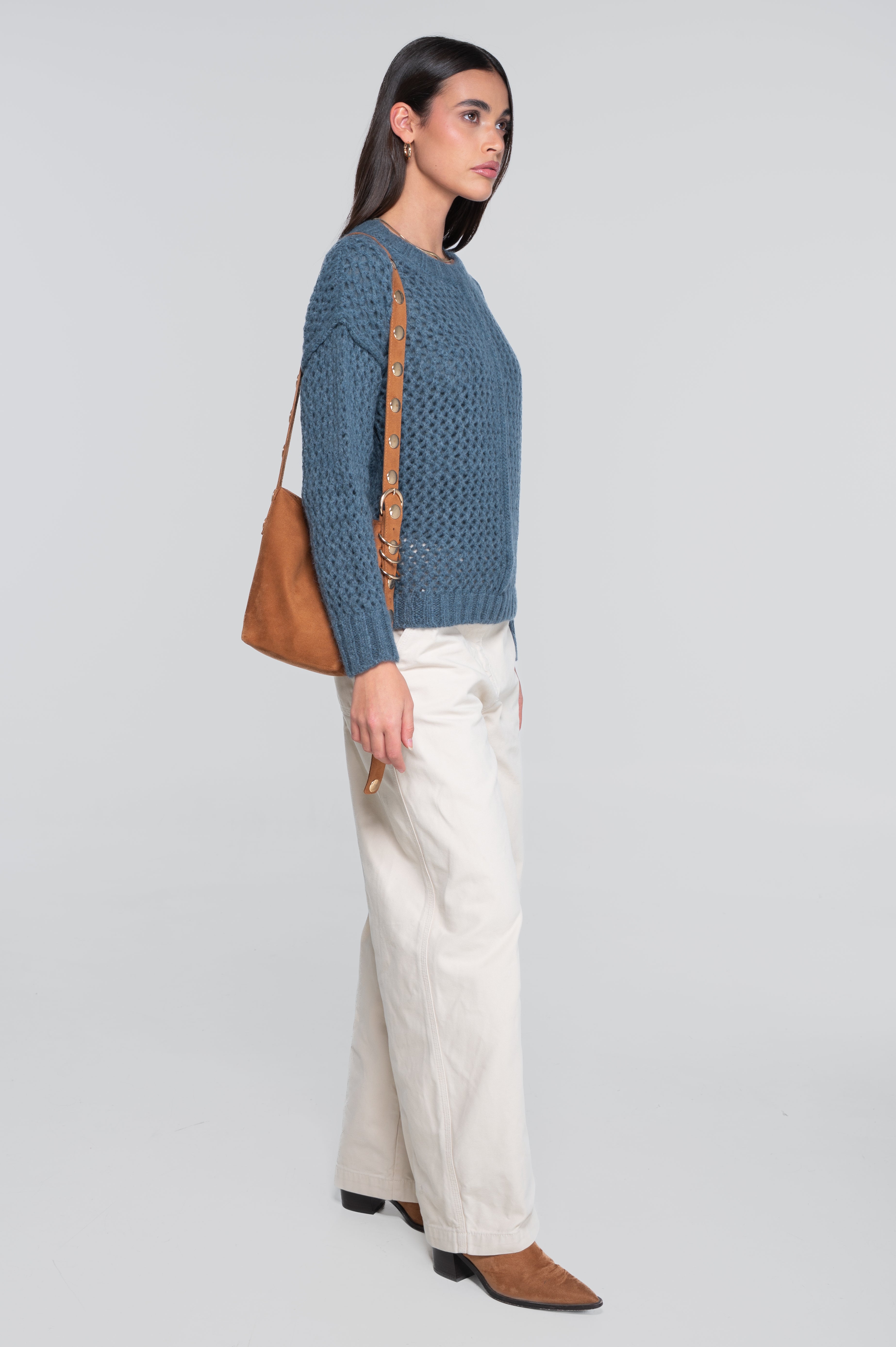 Roundneck pullover in alpaca blend with openwork texture 7680