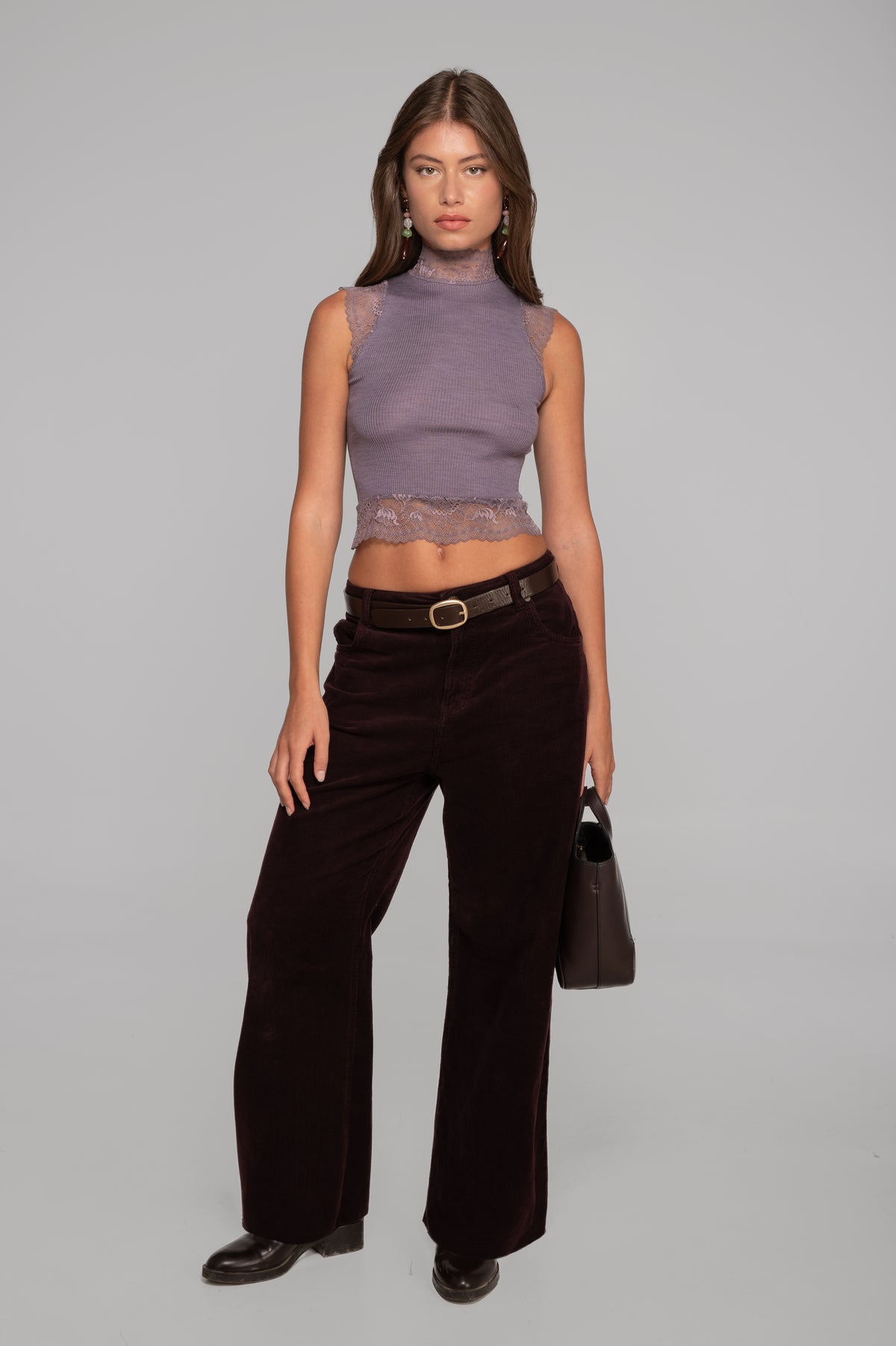 Top corto senza maniche in lana e seta con pizzo Leavers 7801
