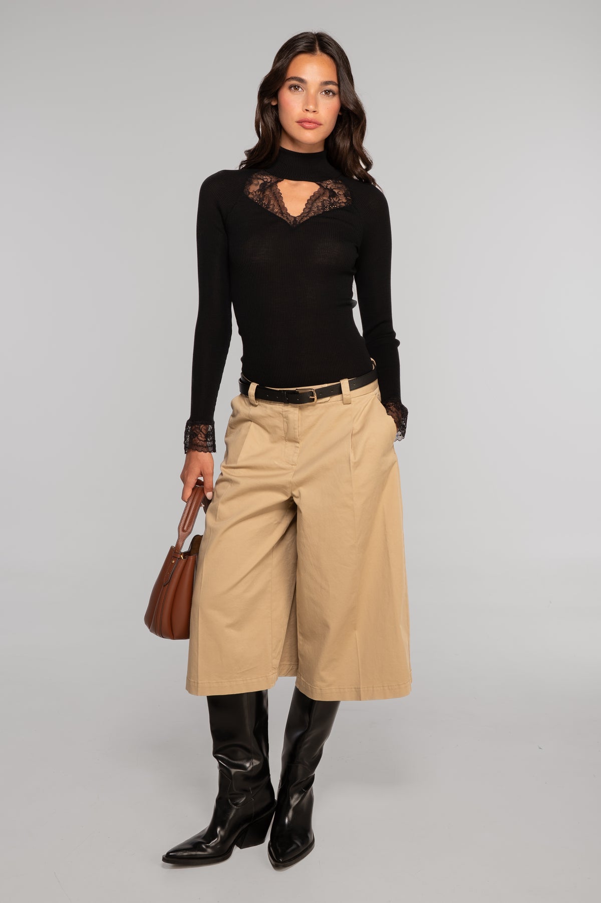 Wool and silk long sleeves mock neck shirt with Leavers lace insert 7802