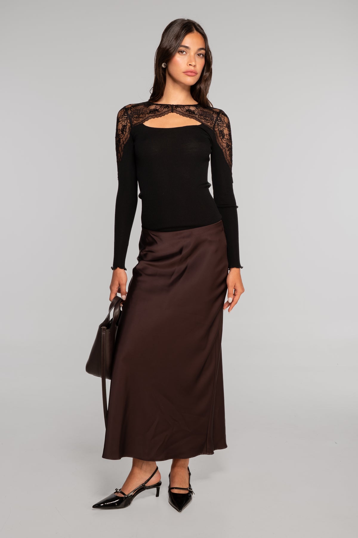 Wool and silk long sleeves roundneck shirt with Leavers lace insert 7803