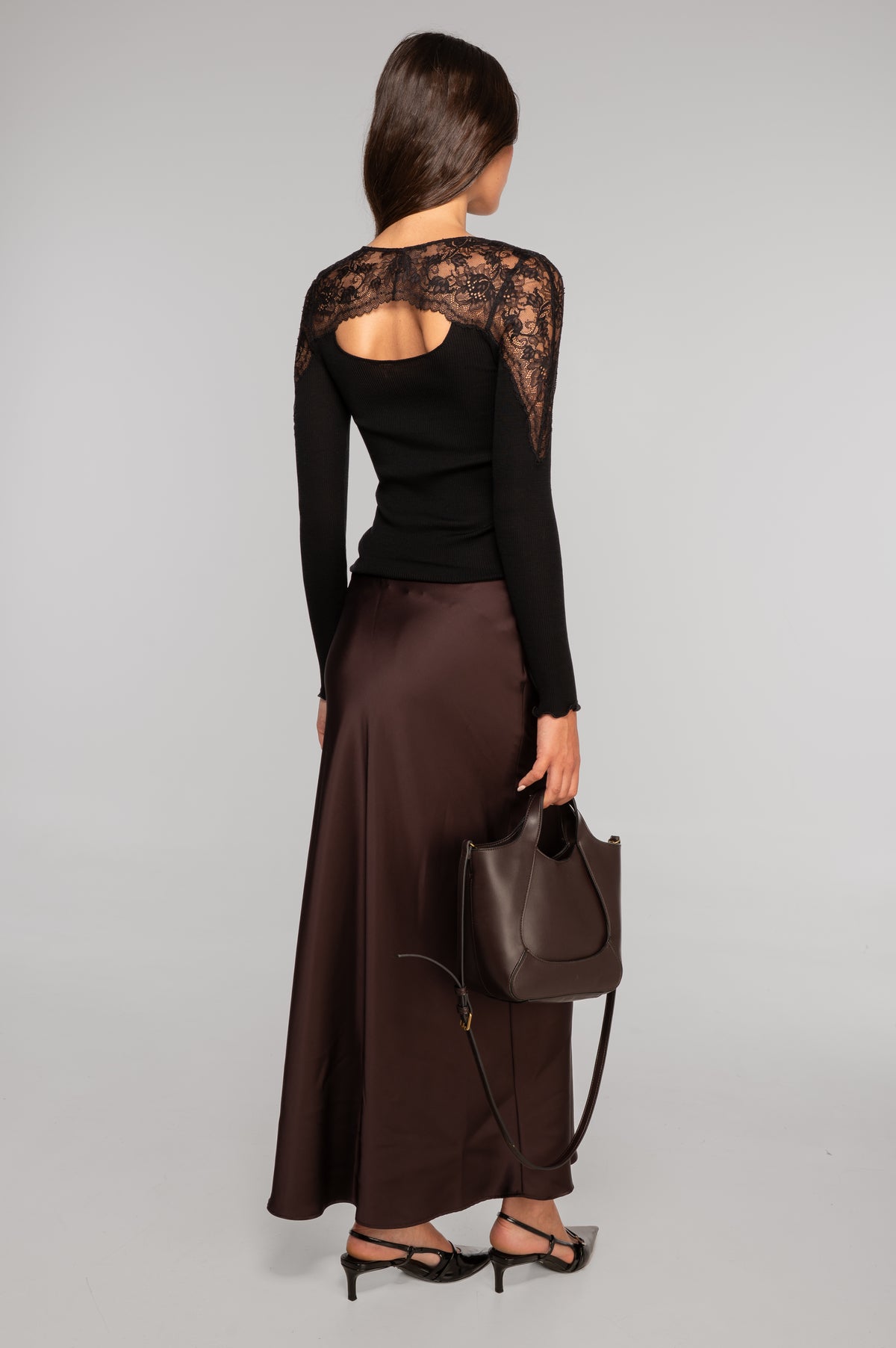 Wool and silk long sleeves roundneck shirt with Leavers lace insert 7803