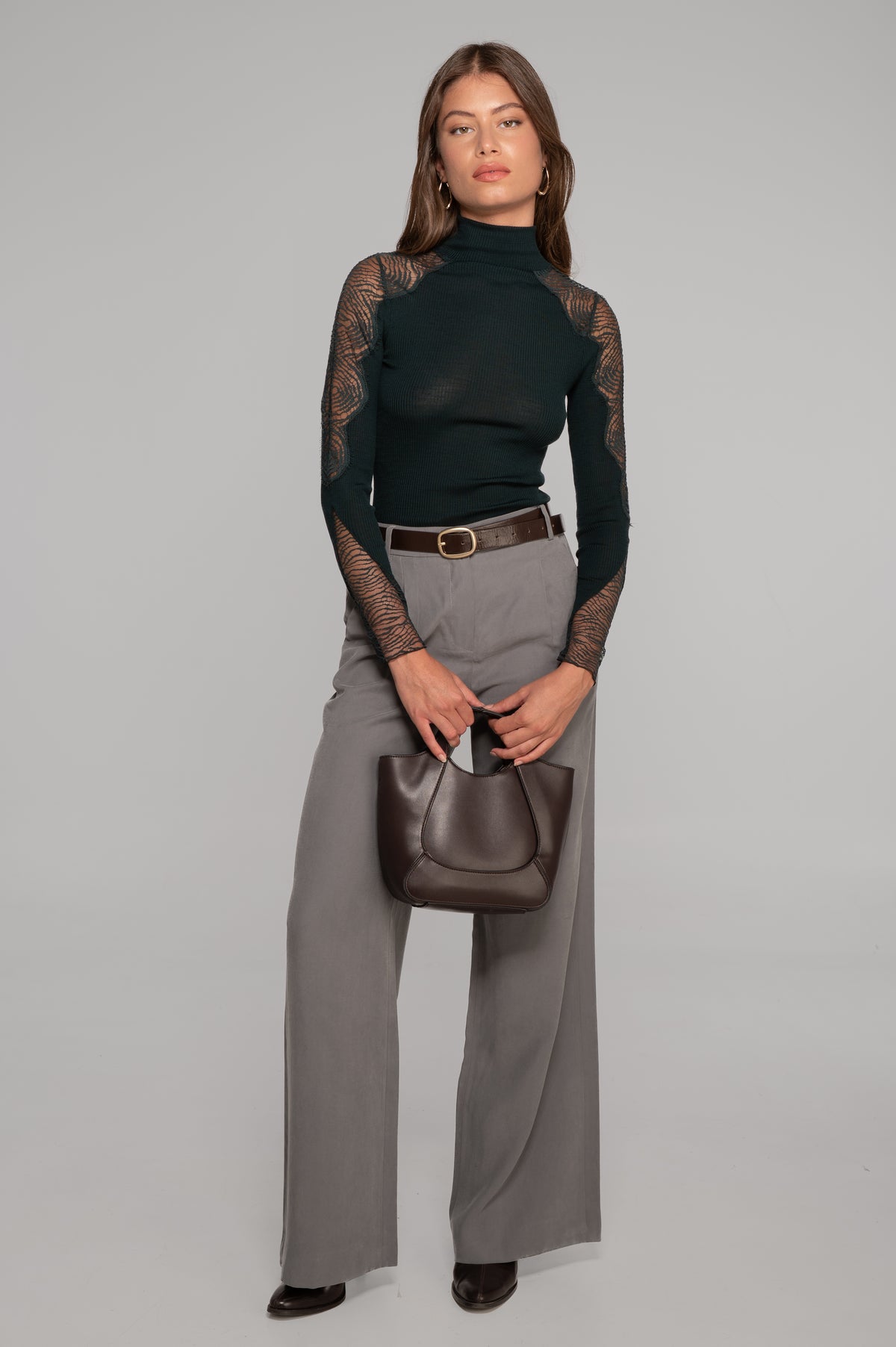 Wool and silk long sleeves mock neck shirt with Chantilly lace insert 7816