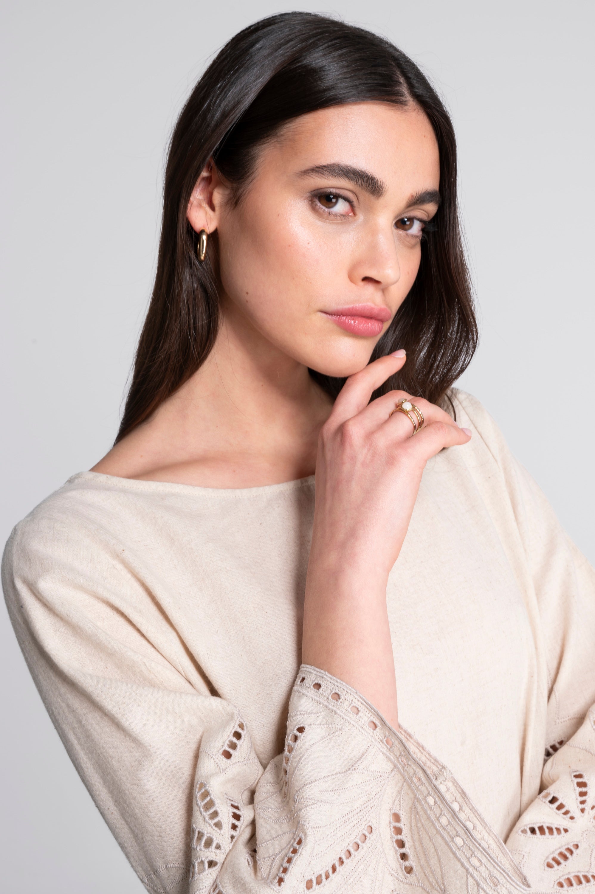 Cotton-linen dress with foliage embroidery 7532