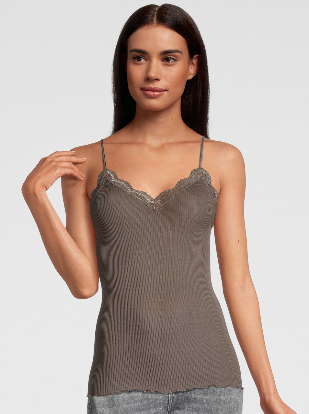 Dark grey V neck top in pure silk